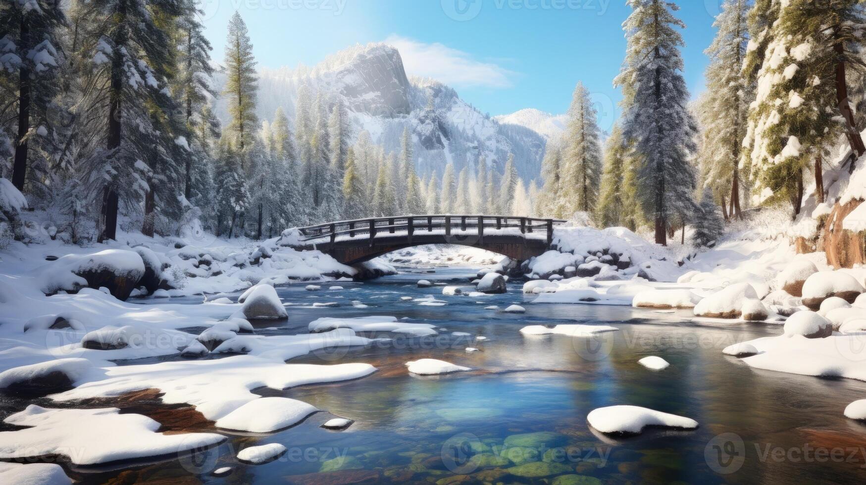 A wooden bridge spanning a river in a snowy forest with a mountain in the background. photo