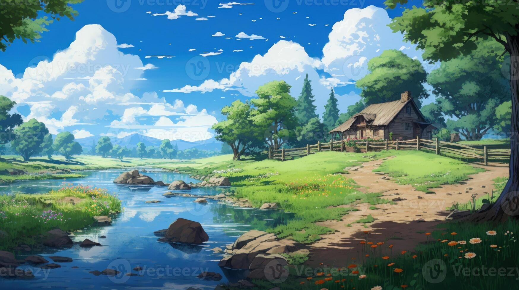 A wooden cabin sits on a hill overlooking a peaceful river flowing through a lush green meadow under a bright blue sky. photo