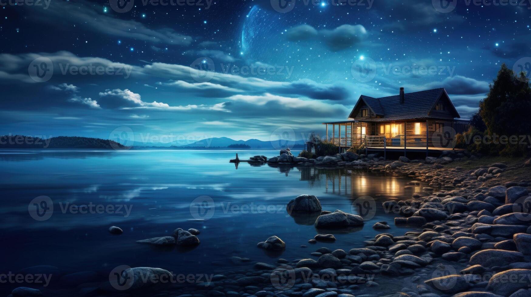 A wooden cabin sits on a rocky lakeshore under a starry night sky with a full moon. photo