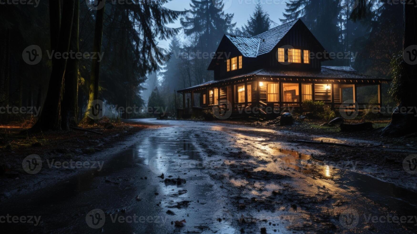 A wooden cabin with windows glowing in the night stands illuminated by the light of the windows, surrounded by dark trees in a misty forest, a muddy road leading to it. photo