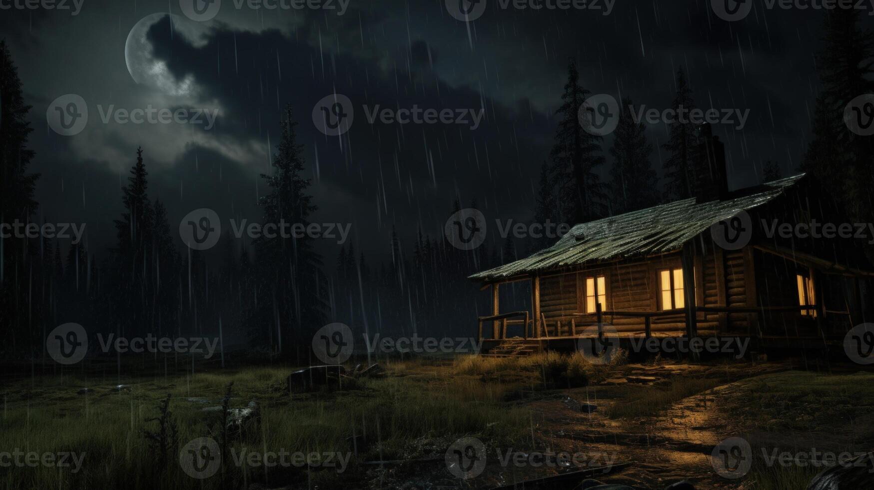 A wooden cabin with lit windows stands alone in a dark forest under a moonlit sky. Rain falls heavily. photo