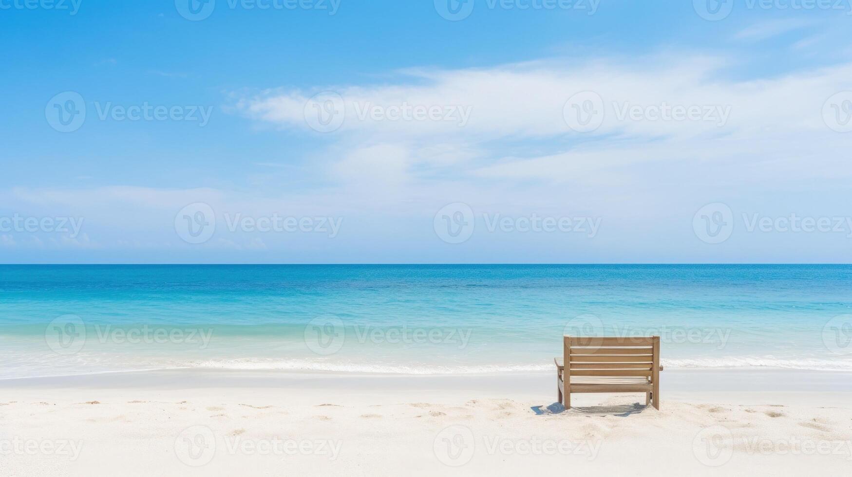 A wooden chair facing the ocean on a beautiful, white sand beach with bright blue skies and soft waves. photo