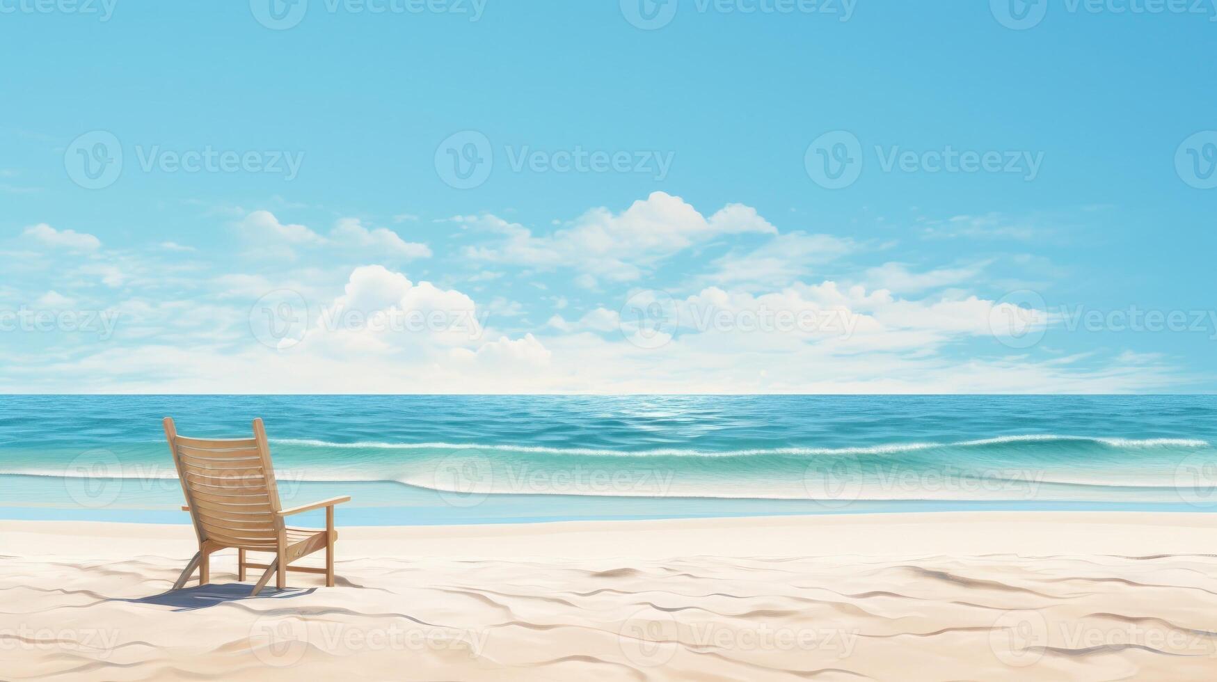 A wooden chair sits on the white sand beach facing the turquoise ocean with white clouds in the blue sky. photo