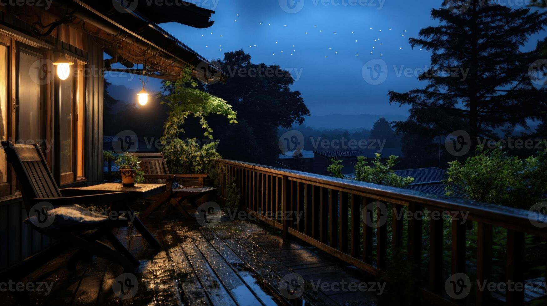 A wooden deck with two chairs, a table and a light on, with a view of a forest and stars in the sky. photo