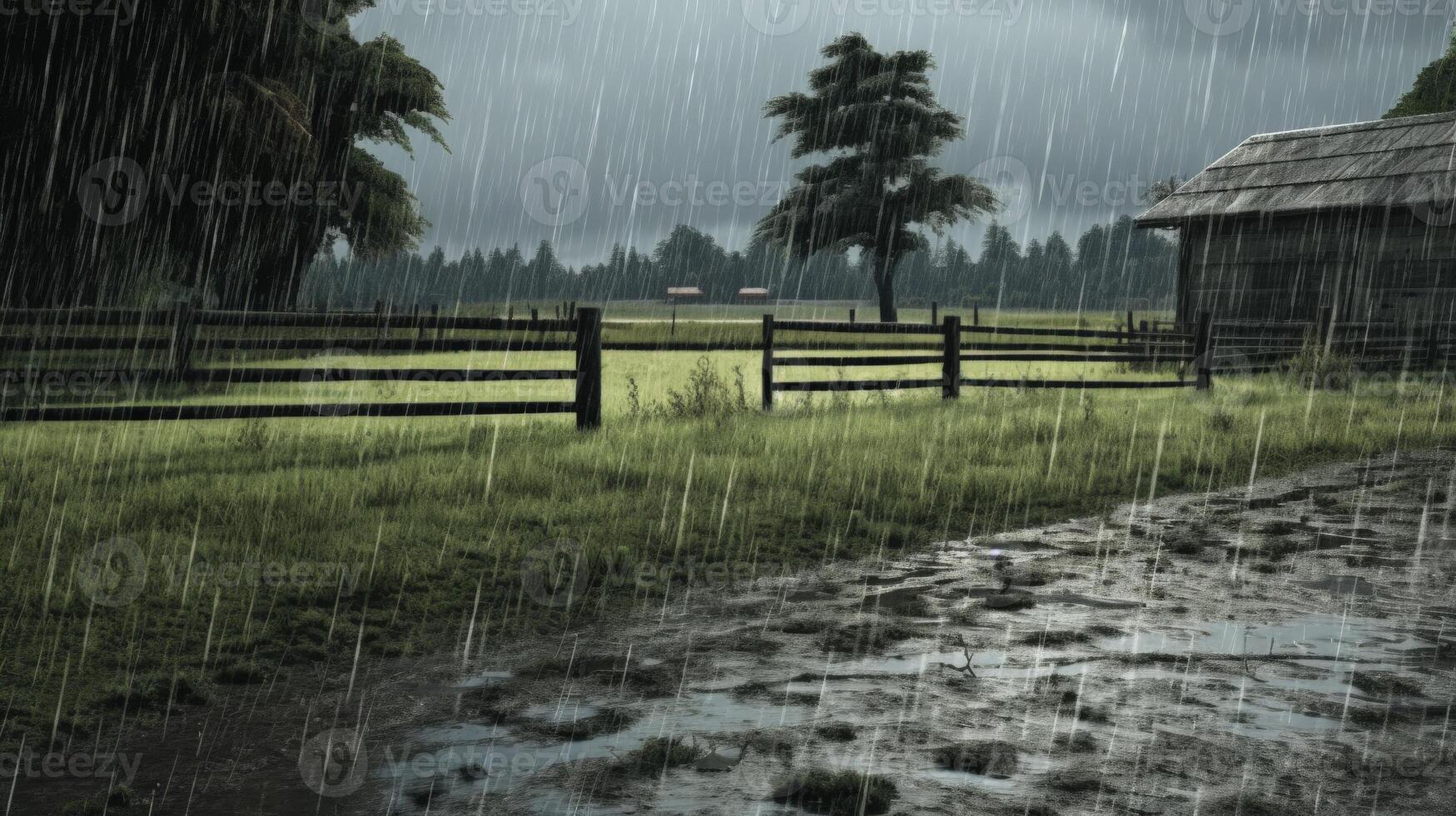 A wooden fence divides a grassy field and a flooded path with a barn on the right side as rain pours down. photo