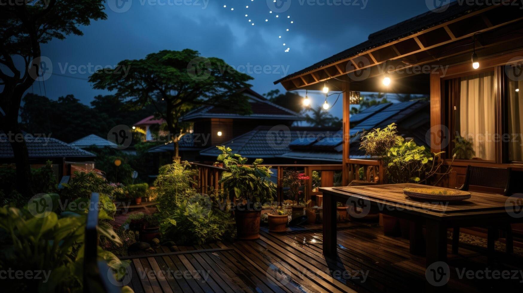 A wooden deck with a table and chairs, lit by string lights and surrounded by greenery, at dusk. photo