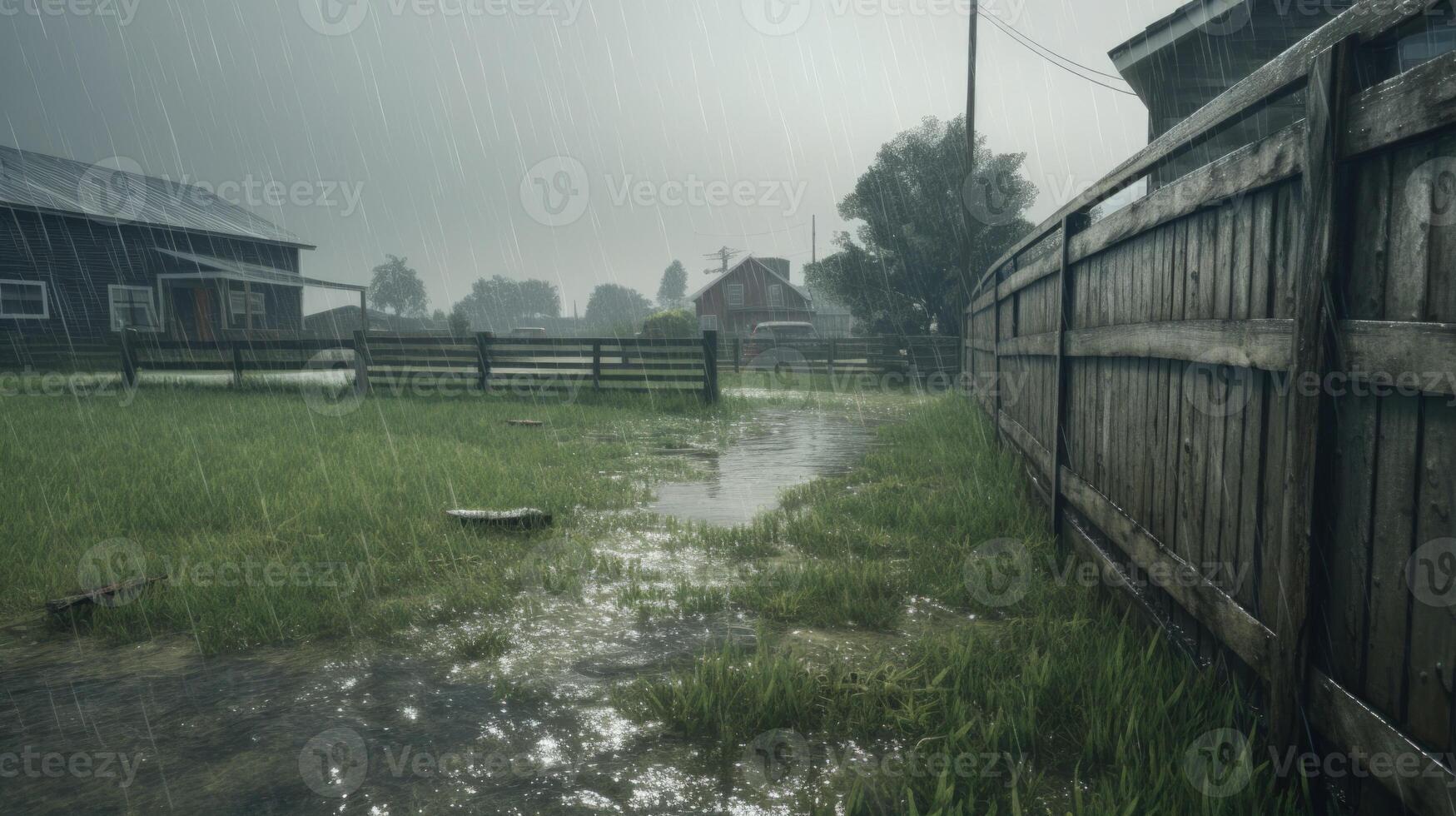 A wooden fence borders a flooded field with a small house in the distance, during a rainstorm. photo