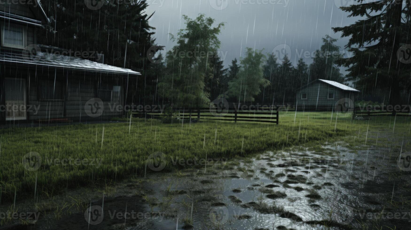 A wooden house with a small shed in the background in a lush green field with a fence and trees during a heavy downpour. photo