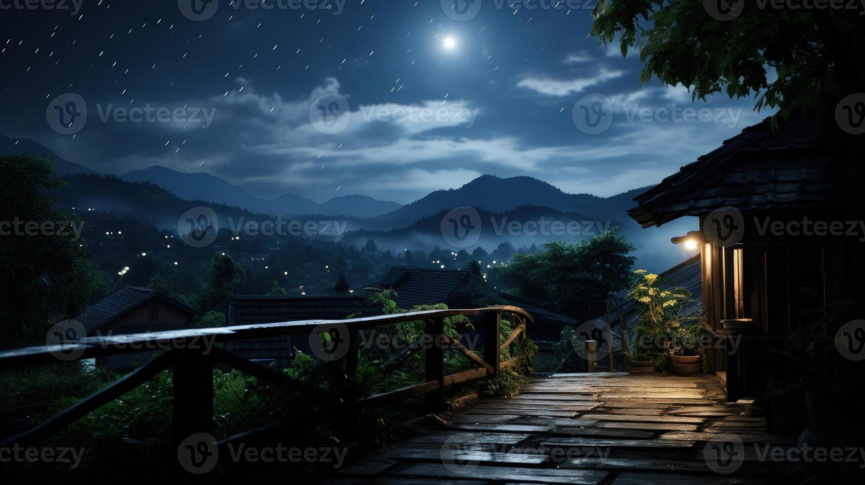 A wooden walkway leads to a cabin in a foggy mountain village at night with a full moon in the sky. photo