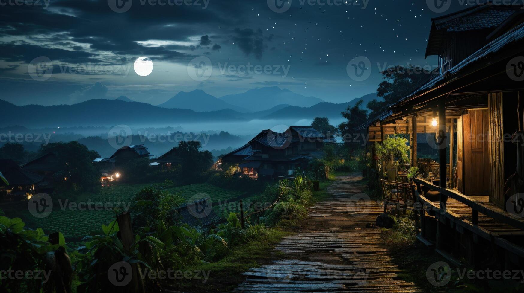 A wooden path lit by moonlight leads through a village nestled in a valley. photo