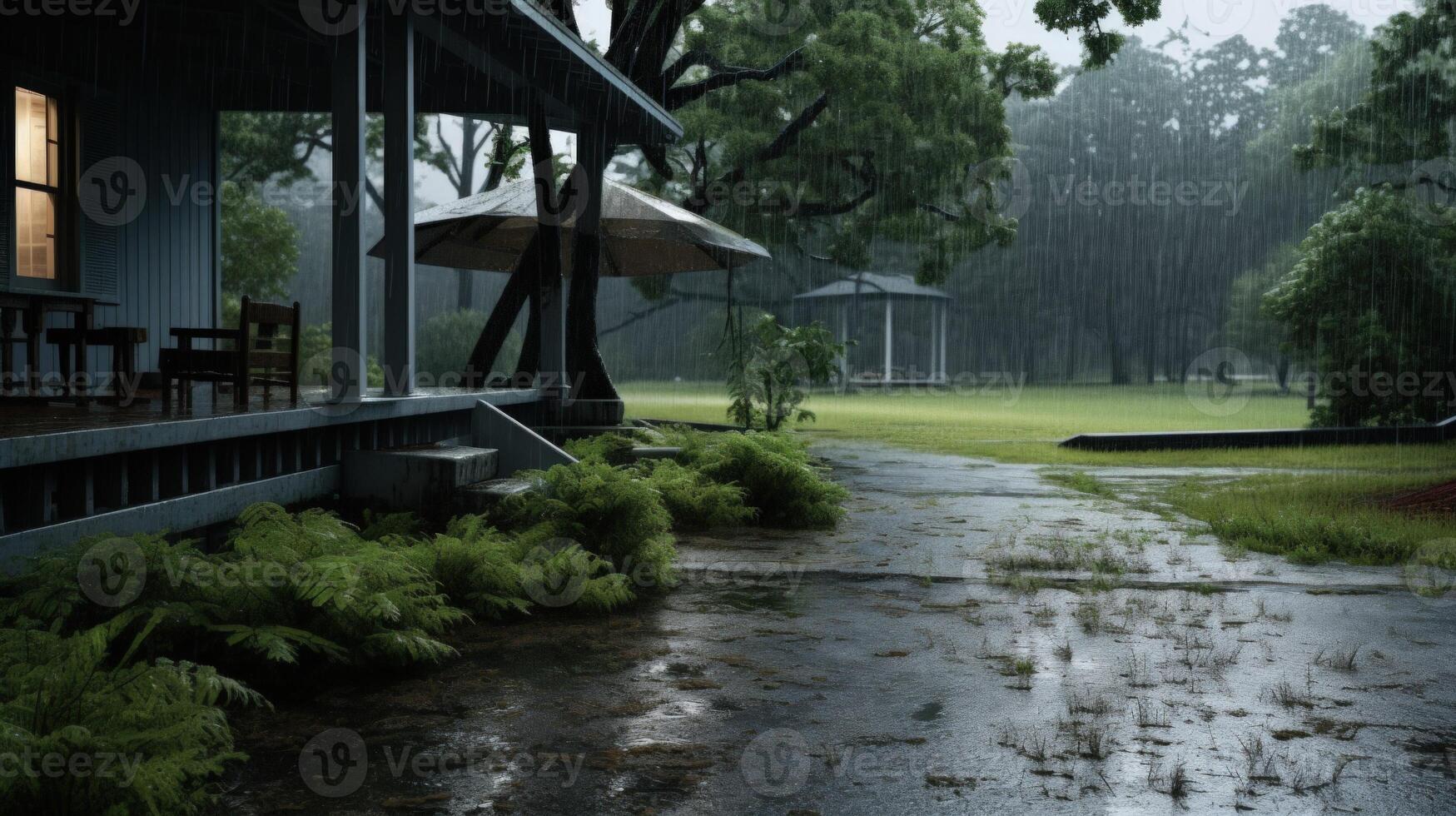A wooden porch with two chairs on a rainy day. The porch is covered by a roof and there is a light shining from inside the house. photo