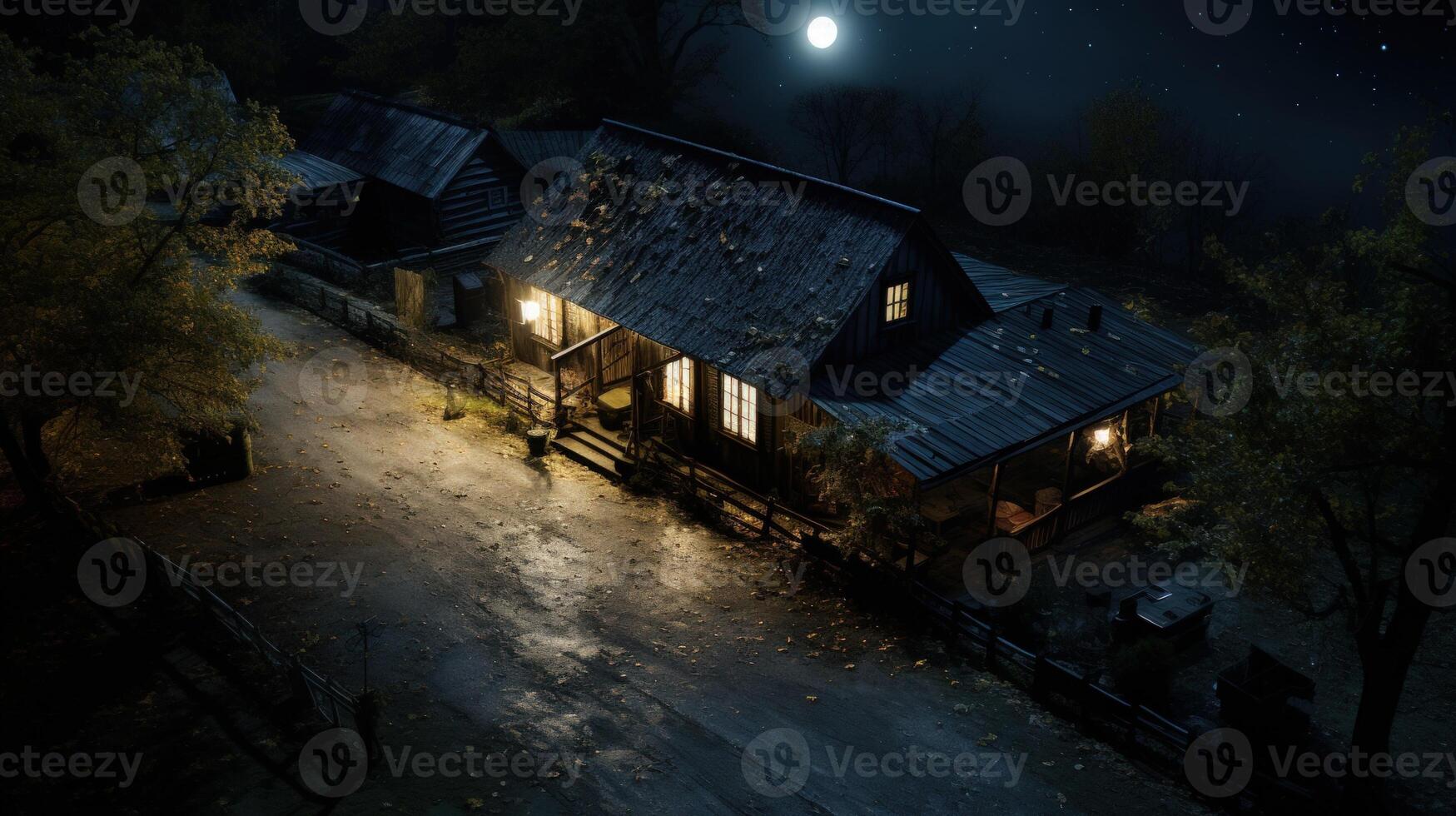 An aerial view of a small wooden cottage at night with a full moon and stars in the sky. The cottage is illuminated with warm light from the windows and a porch light. A path leads to the cottage through a forest. photo