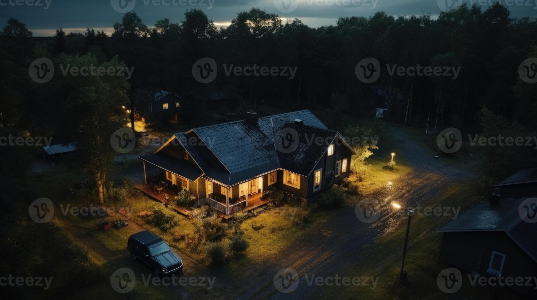 An aerial view of a house with lights on at night in a forest setting. photo