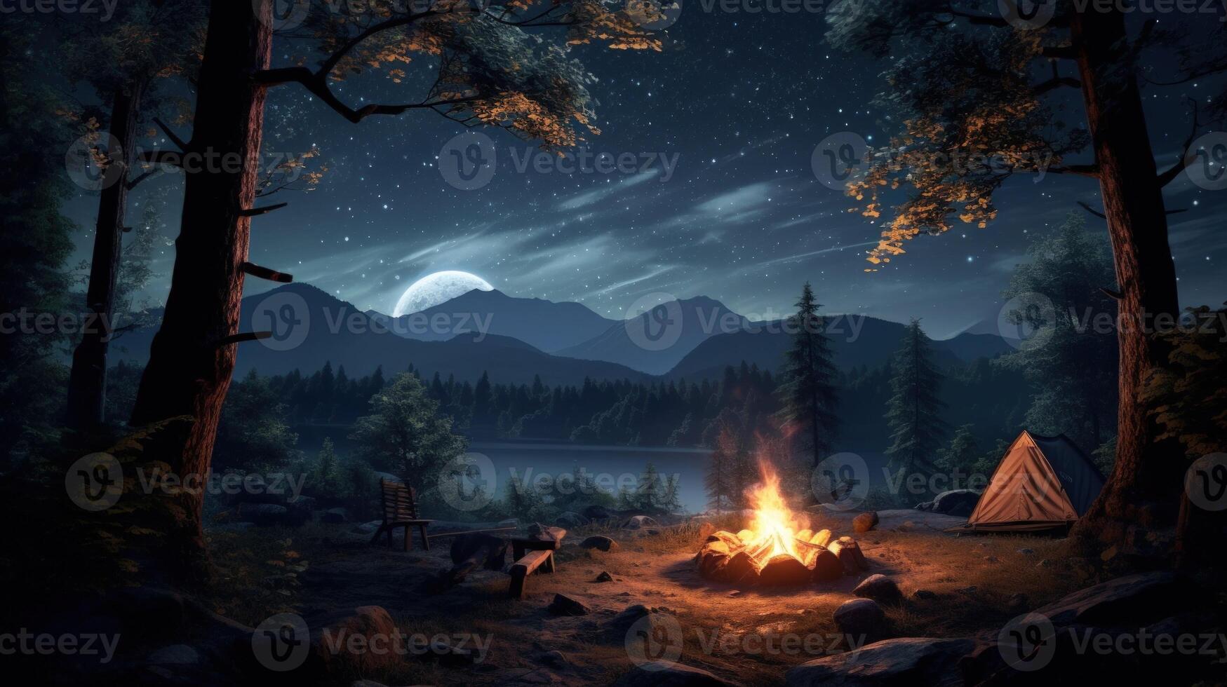 Campfire under a starry sky with a moon in the distance, beside a tent and a lake, near a mountain. photo