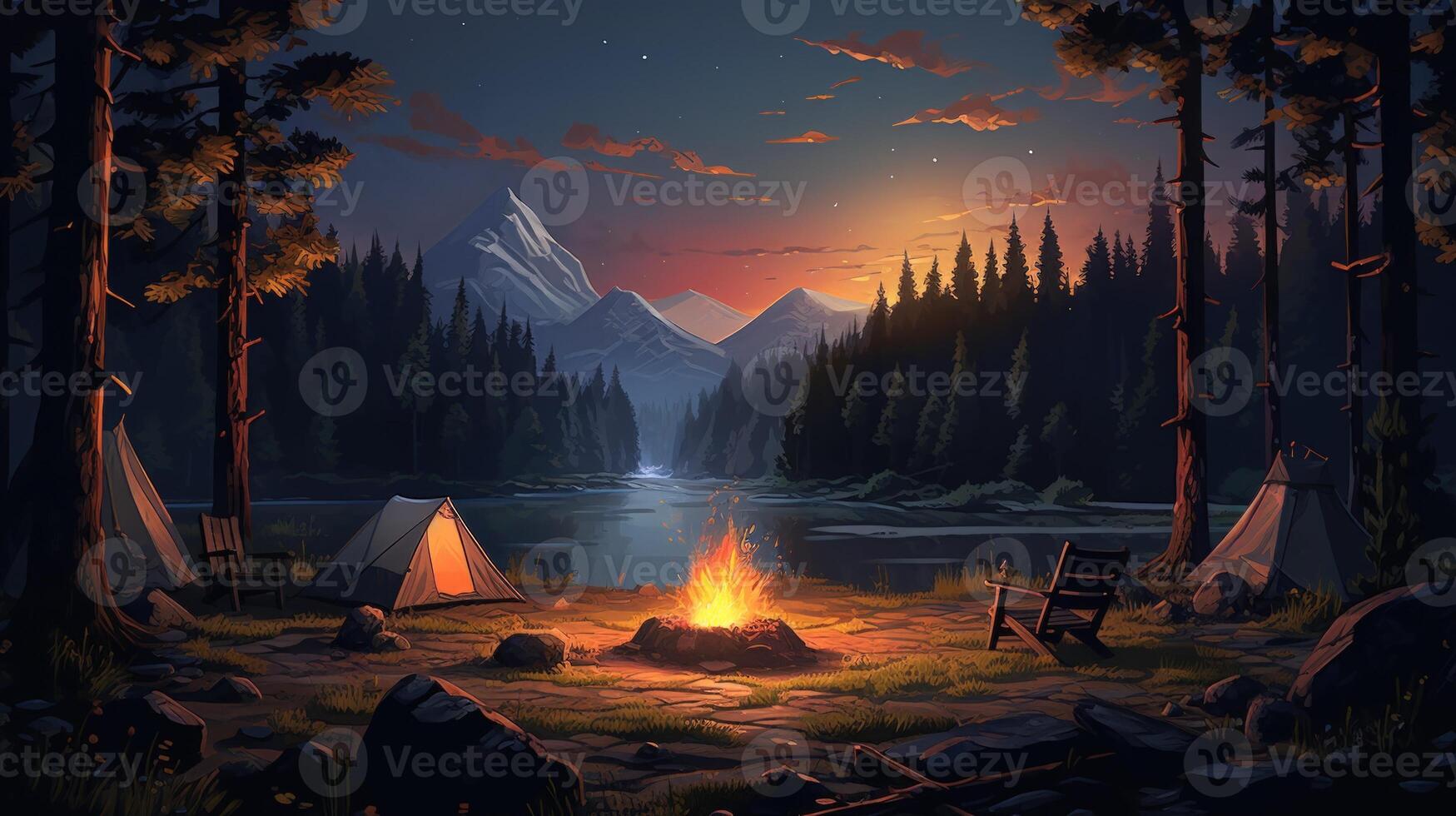 Campsite with a fire at night by a lake in a forest. photo