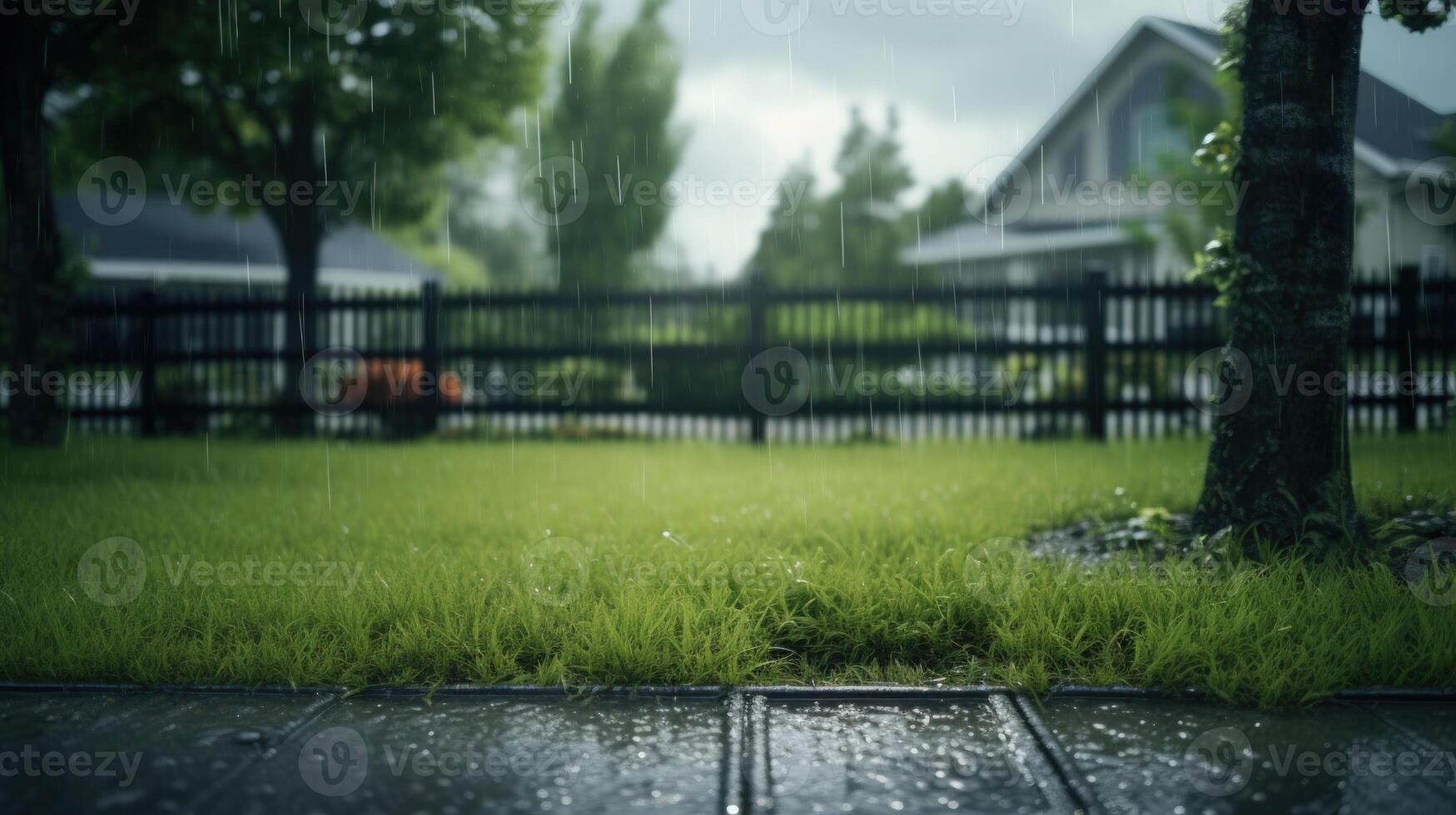 Close-up of wet grass and pavement in a backyard during a rainstorm. photo