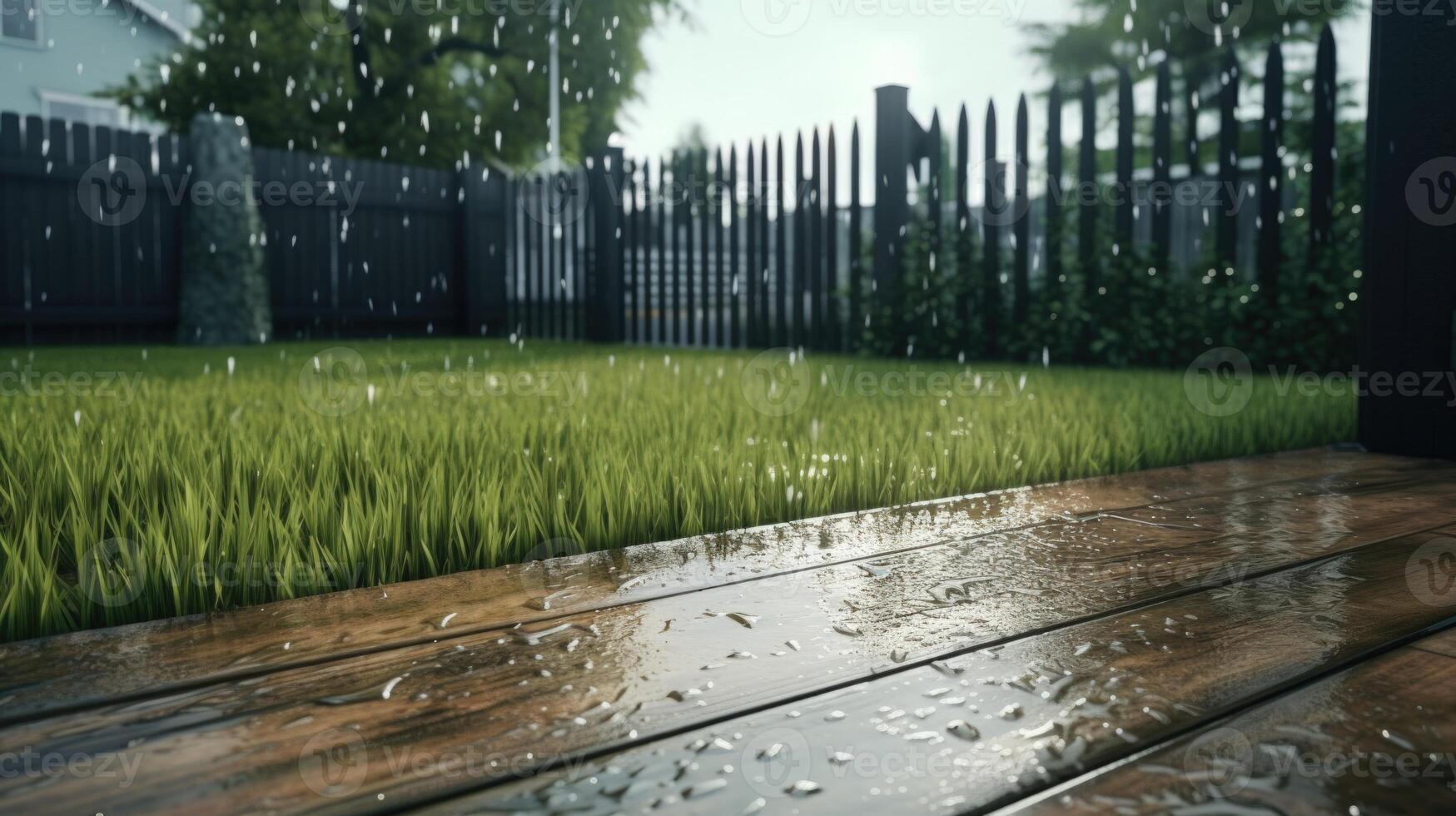 Closeup of a wooden deck with raindrops falling on it, green grass and a black fence in the background. photo