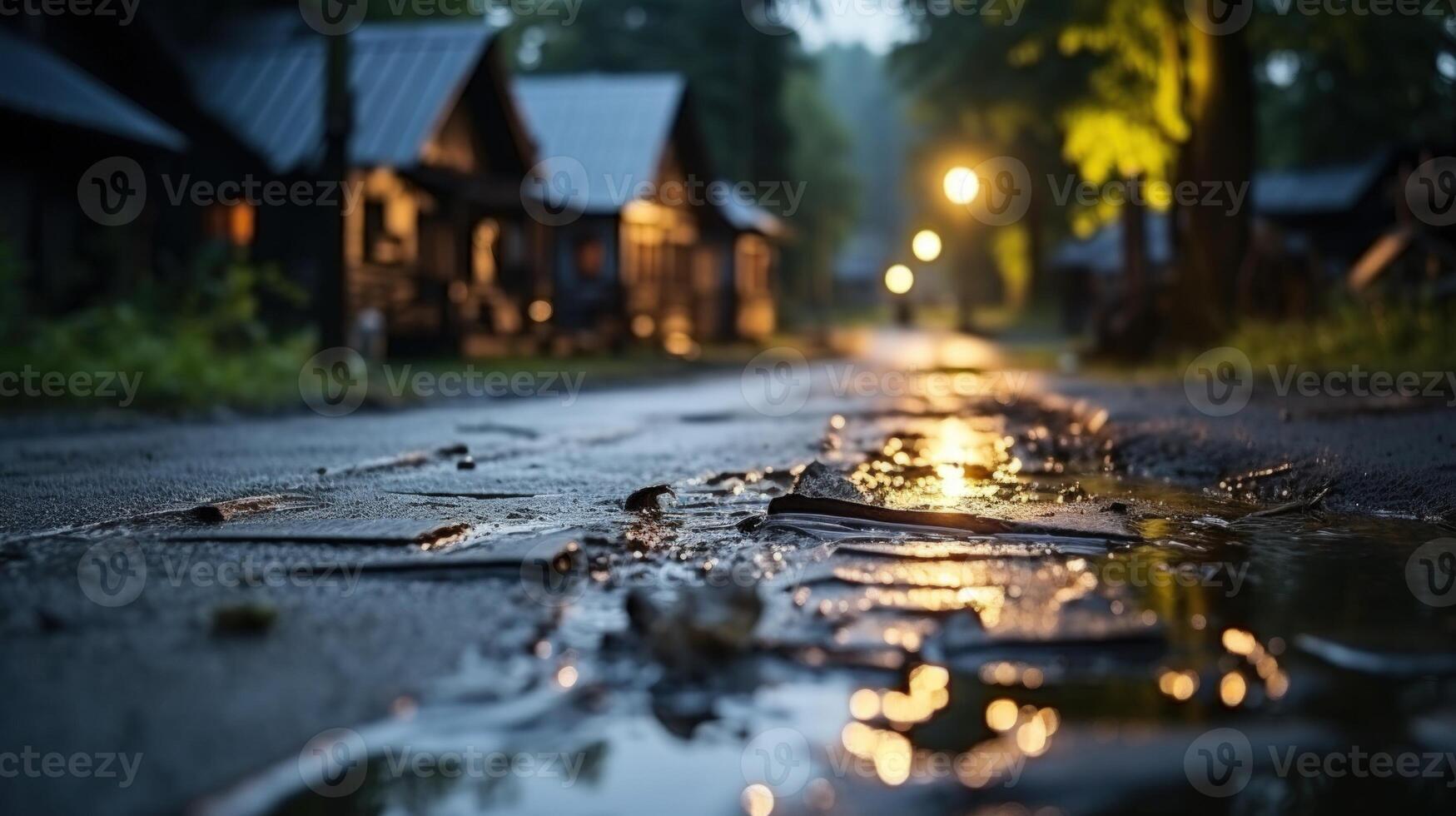 Close-up view of a puddle reflecting warm light from streetlamps in the distance, with out-of-focus wooden buildings and green trees on a dark and foggy night. photo