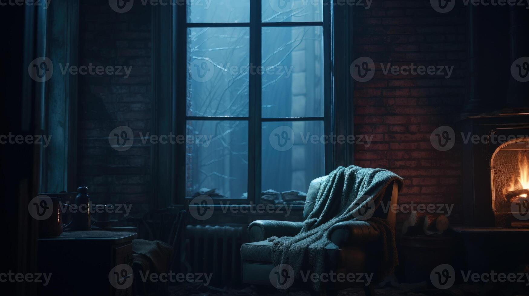 Cozy armchair with blanket near fireplace and window. photo
