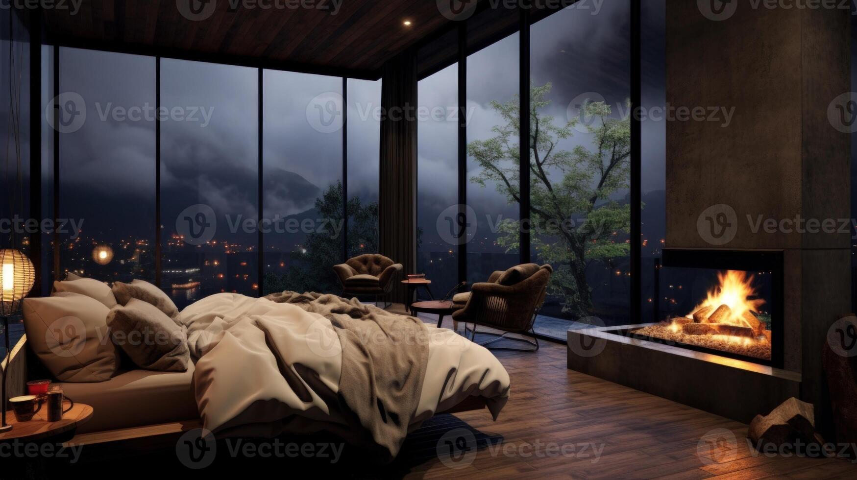 Cozy bedroom with a fireplace and a view of a city at night. photo