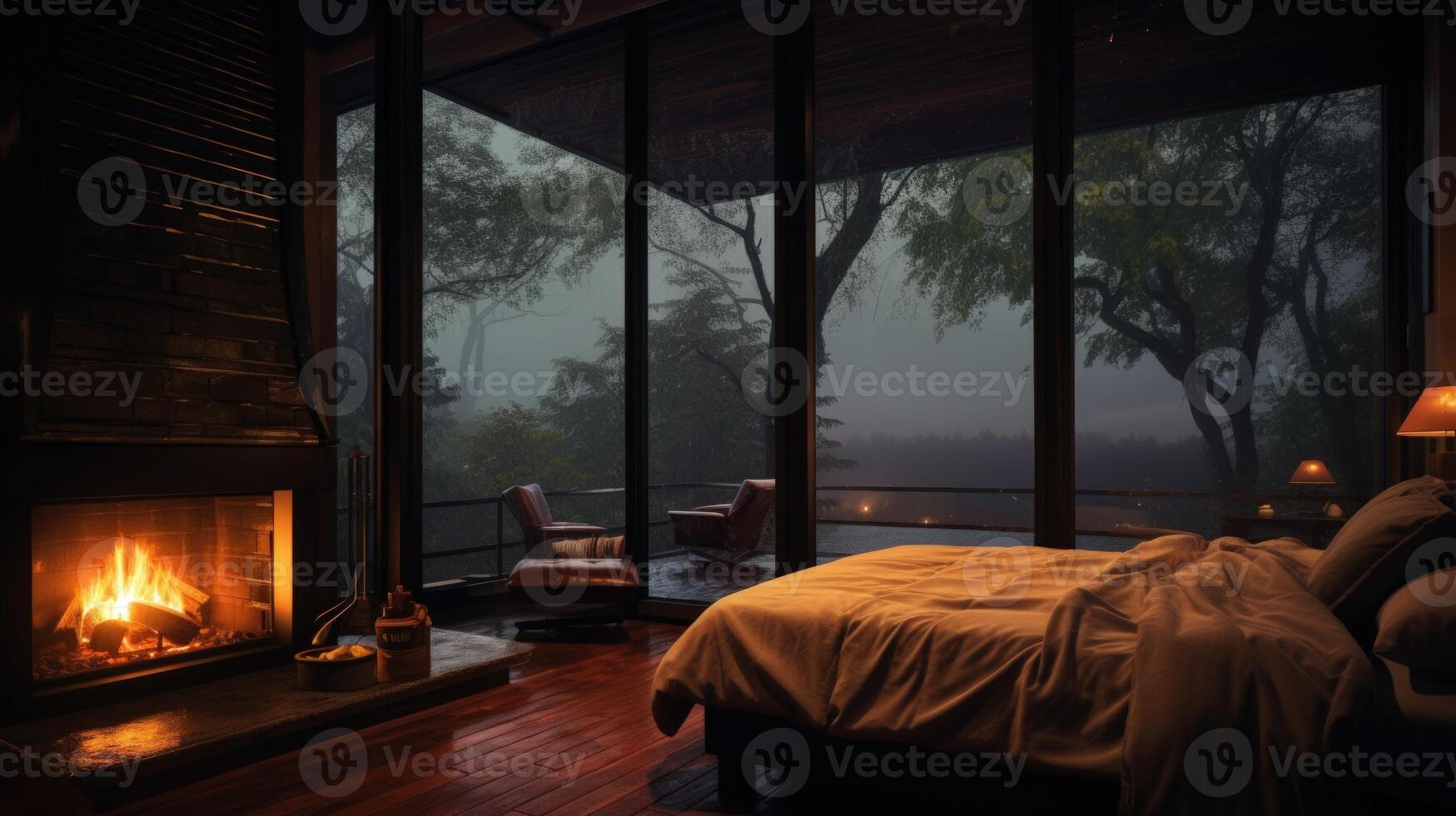 Cozy bedroom with a fireplace and a view of a foggy forest through large windows. photo
