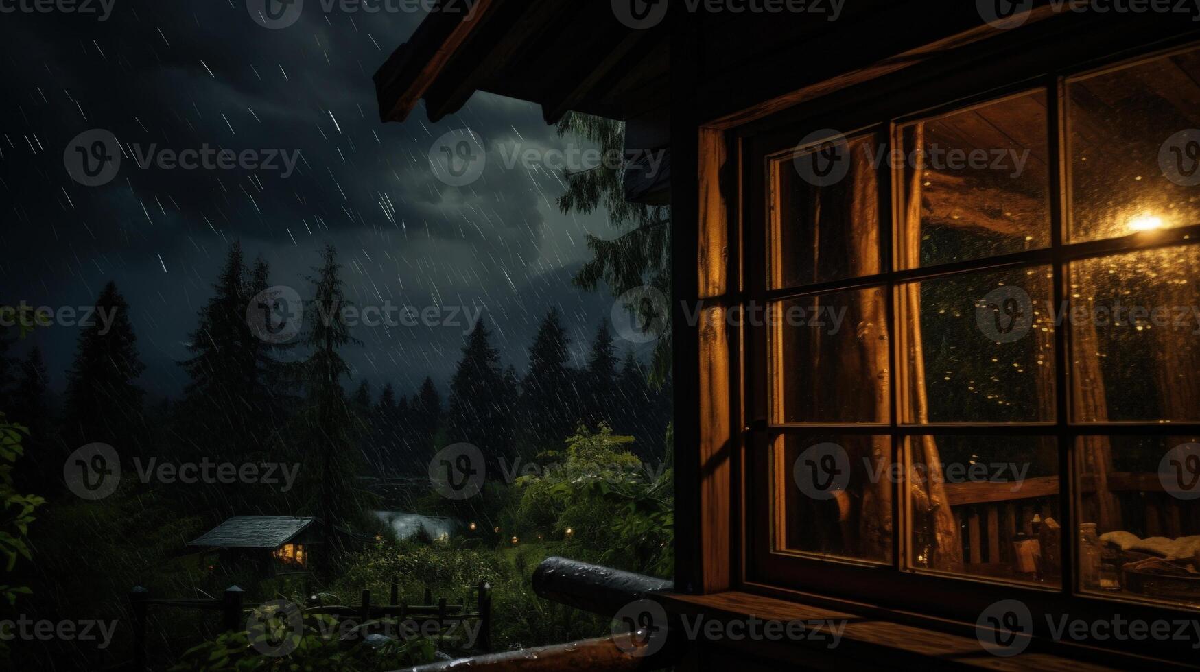 Cozy Cabin Window View of a Rainy Night in the Woods. photo