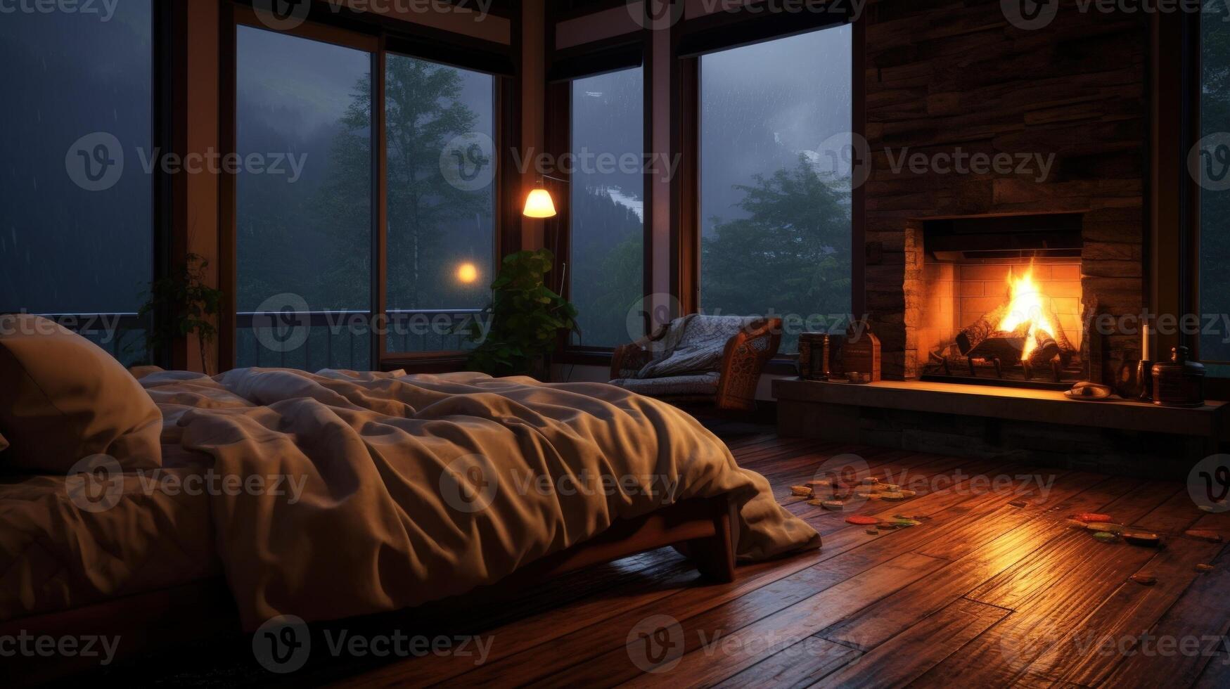 Cozy bedroom with a fireplace and a view of a rainy forest. photo