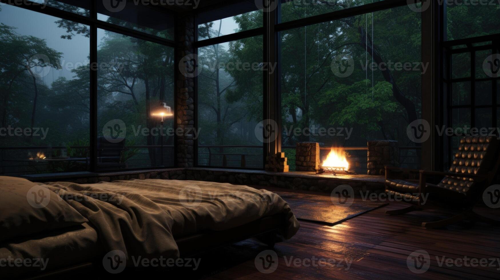 Cozy bedroom with a fireplace and a view of a rainy forest. photo