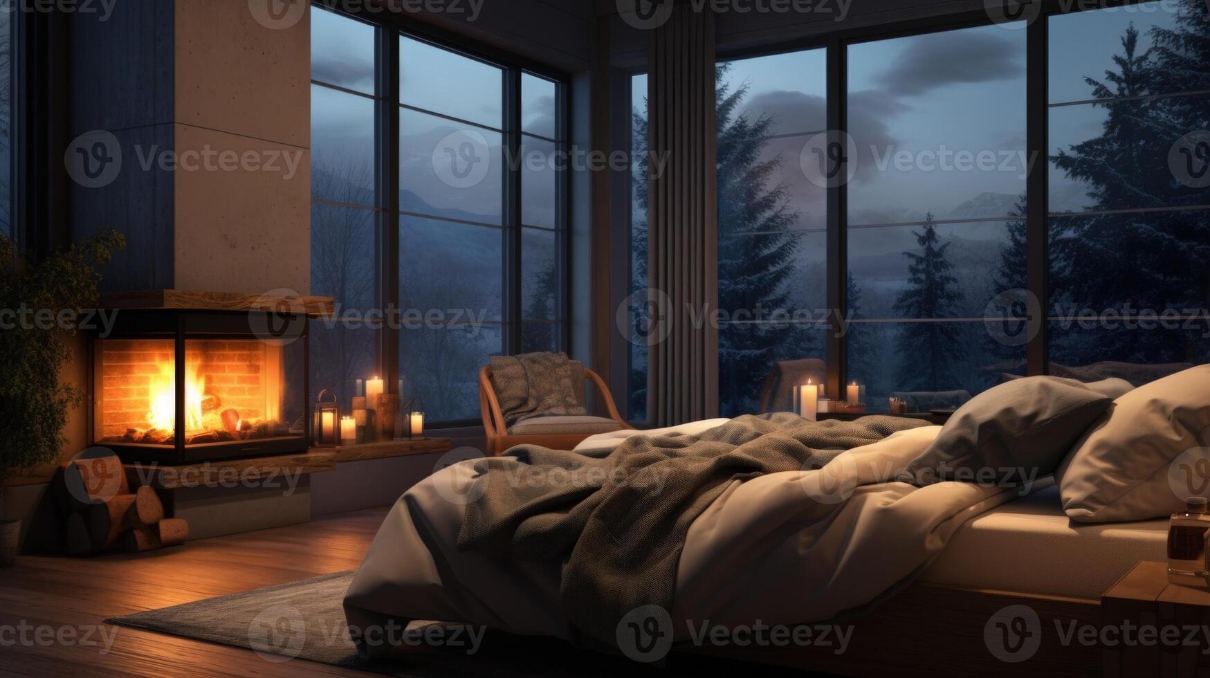 Cozy bedroom with a fireplace and large windows overlooking a snowy forest at night. photo
