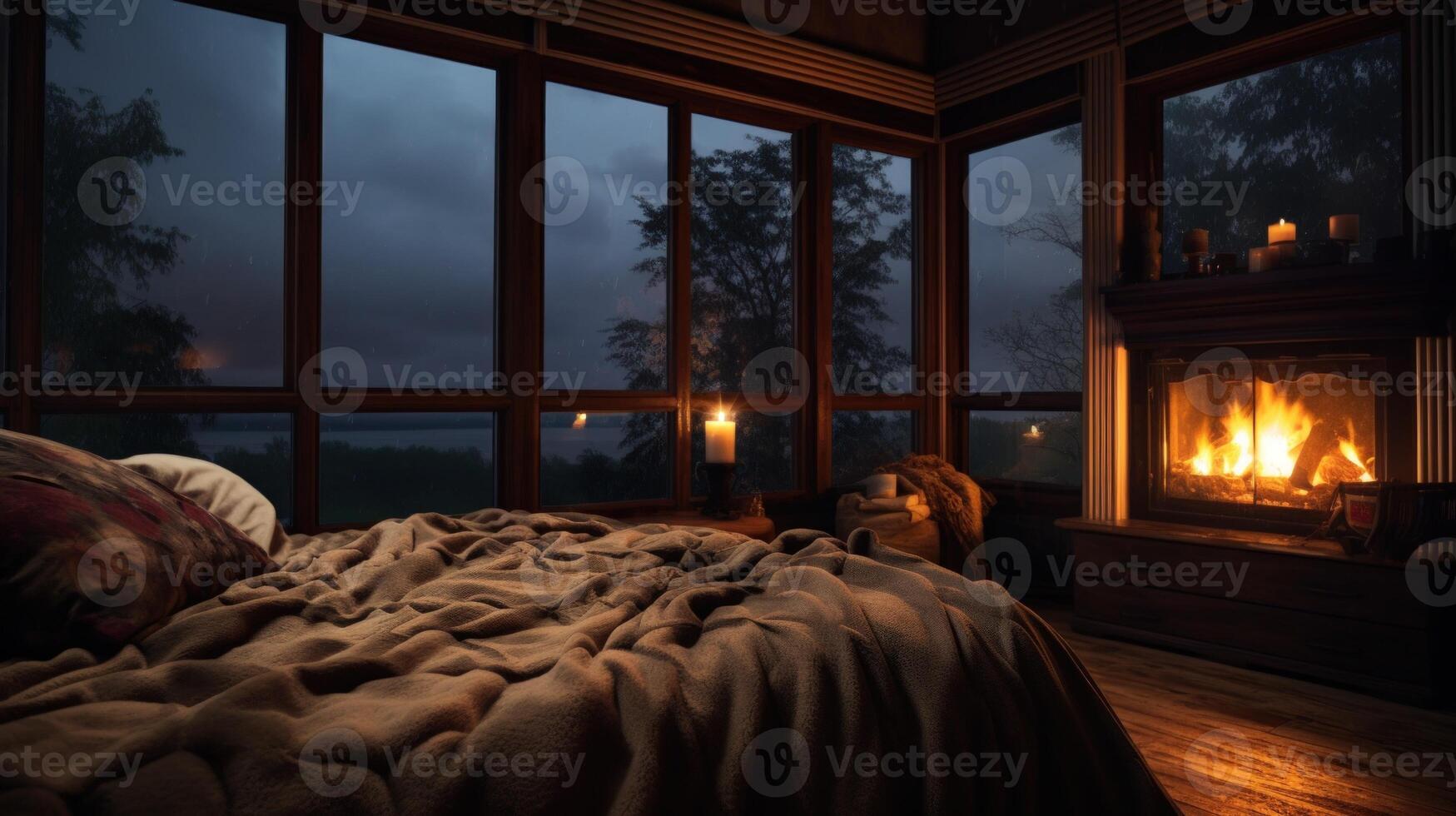 Cozy bedroom with a fireplace, a bed, and a window view of the forest and a lake at night. photo