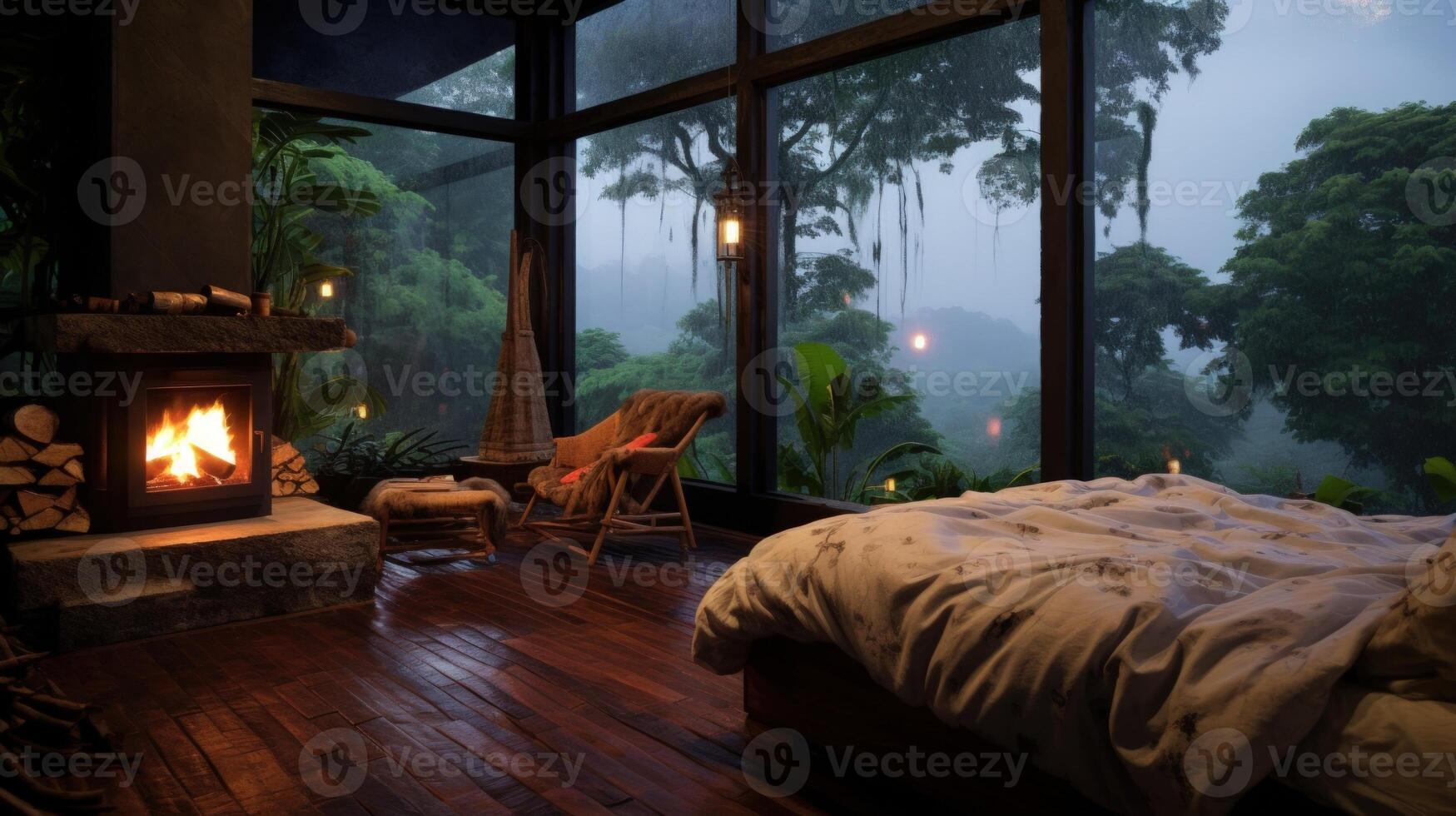 Cozy bedroom with a fireplace and a view of the rainforest. photo