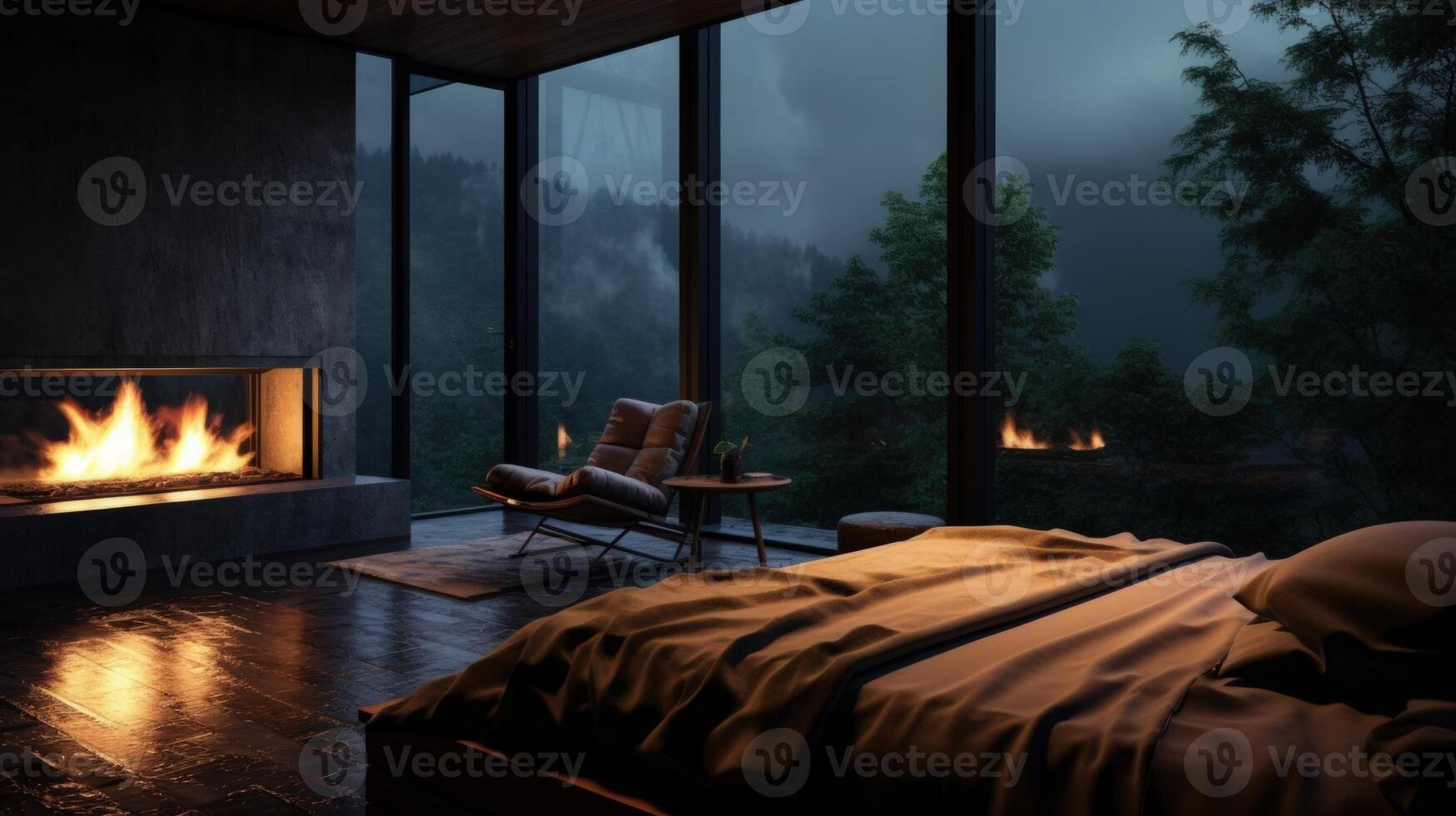 Cozy bedroom with a fireplace, large windows overlooking a forest, a bed with a blanket and pillows, and a chair near a side table. photo