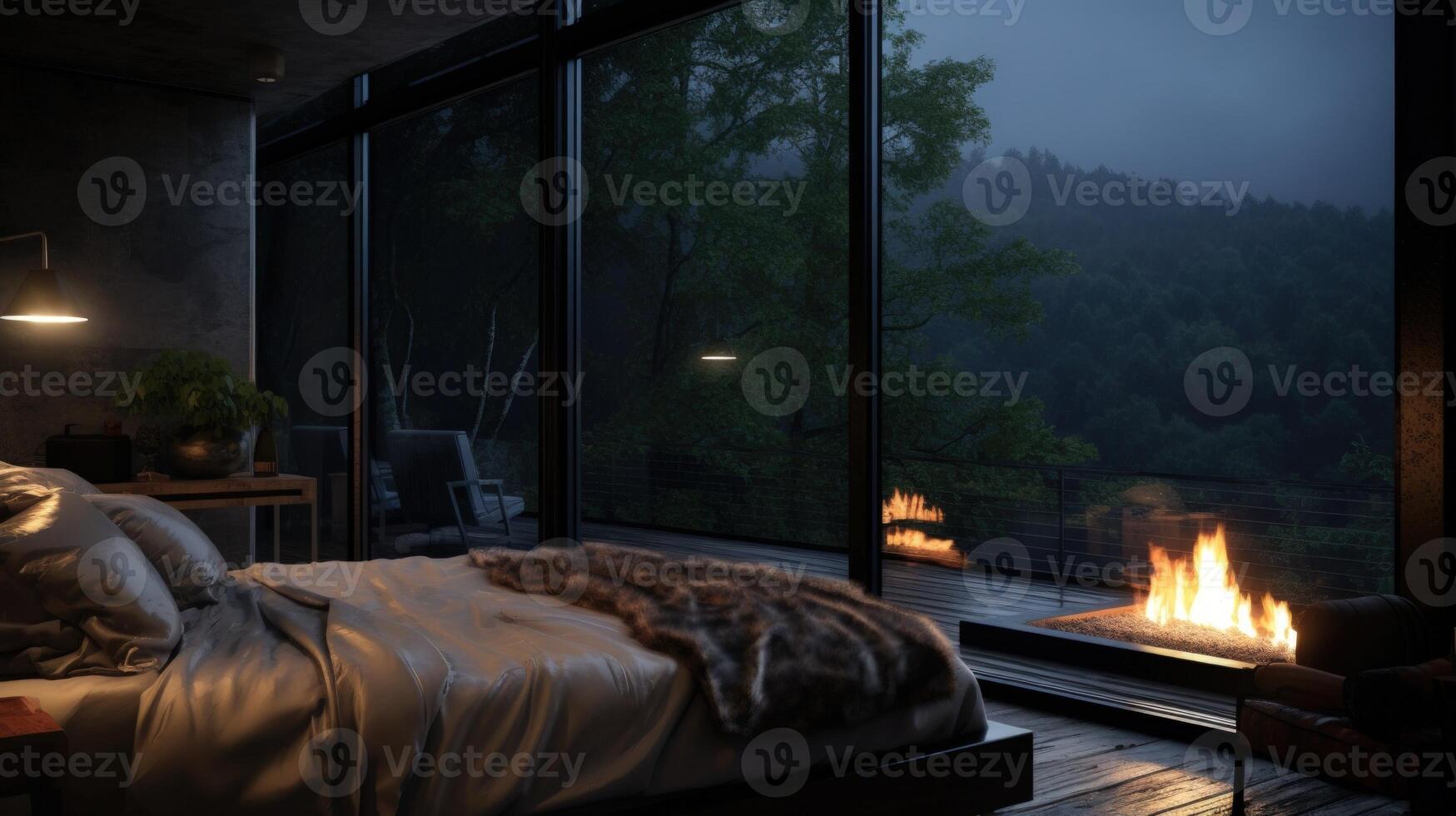 acogedor dormitorio con un ver de un bosque y un hogar afuera. foto