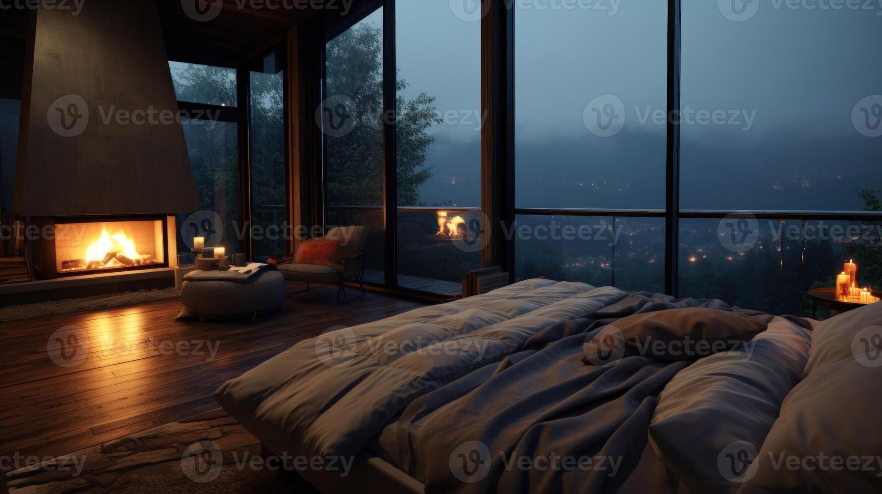 Cozy bedroom with fireplace and a view of a foggy mountain landscape at dusk. photo