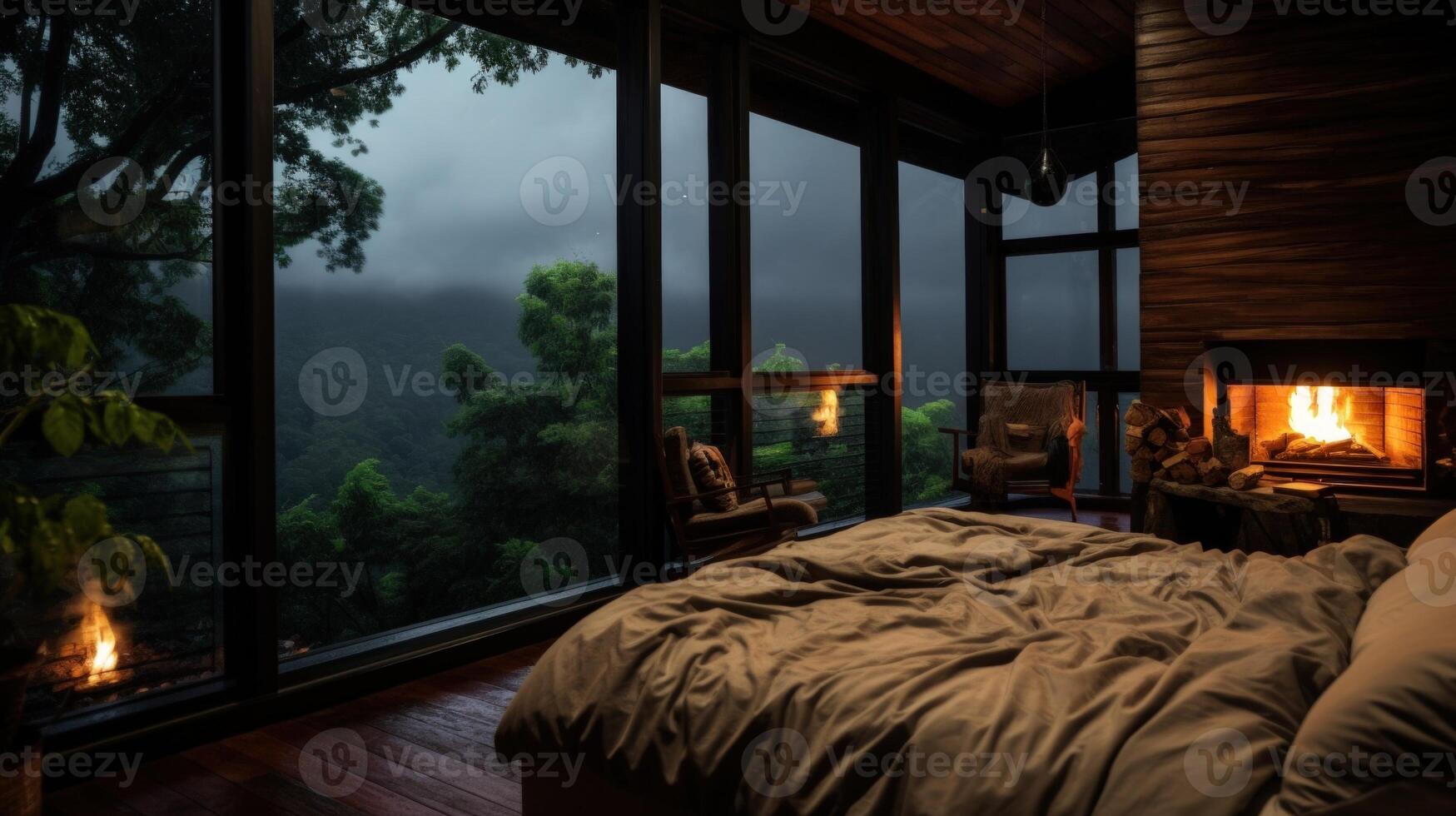 Cozy bedroom with large windows overlooking a lush forest, a fireplace with fire, and a comfortable bed. photo