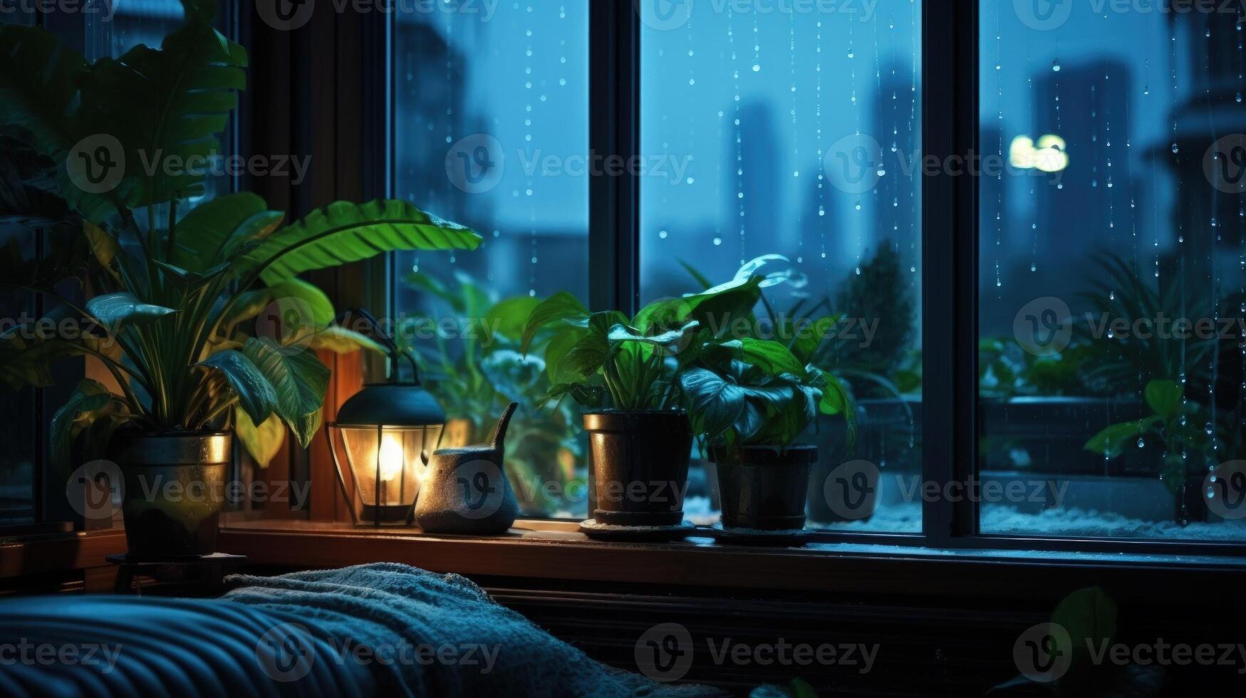Cozy indoor scene with plants on a windowsill, a lantern, and a blanket, with a rainy city view outside. photo
