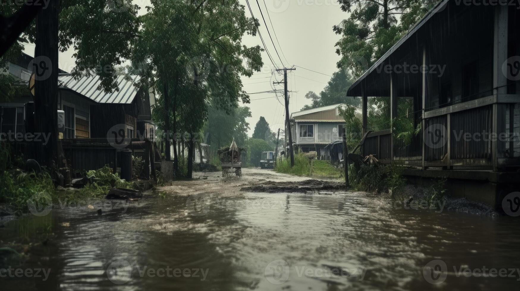 Flooded street in a small town after a heavy rainfall. photo