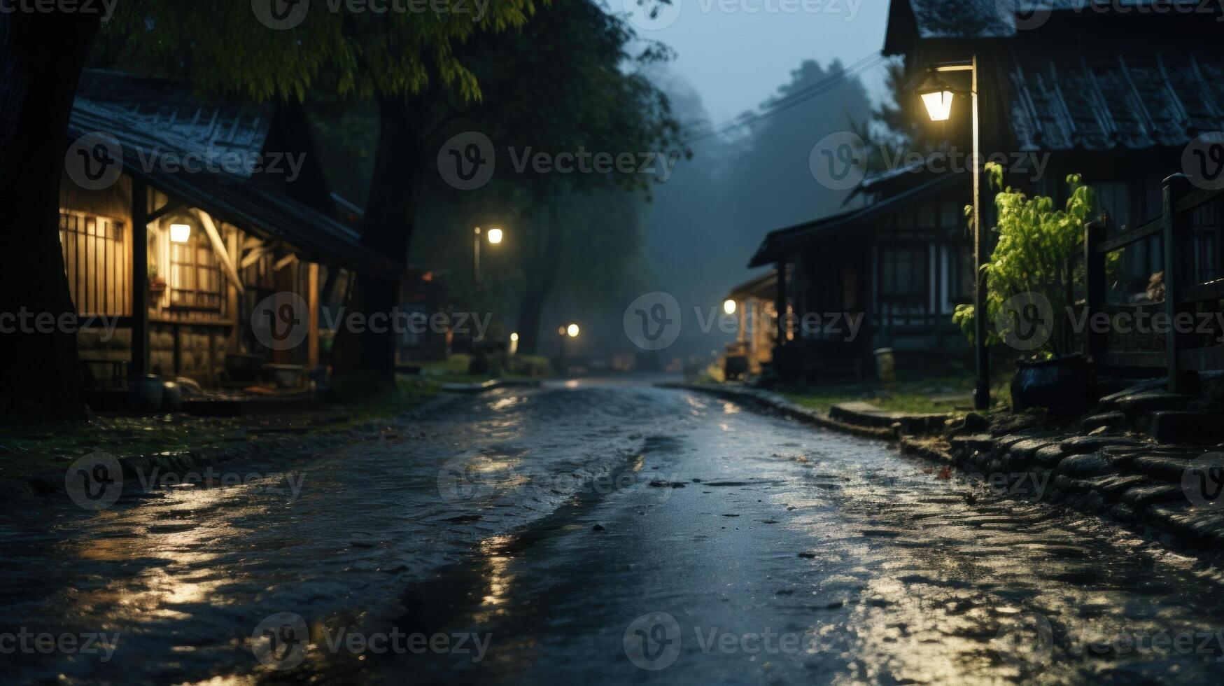 Empty street in a small village at night, illuminated by streetlights, reflecting off wet pavement. photo