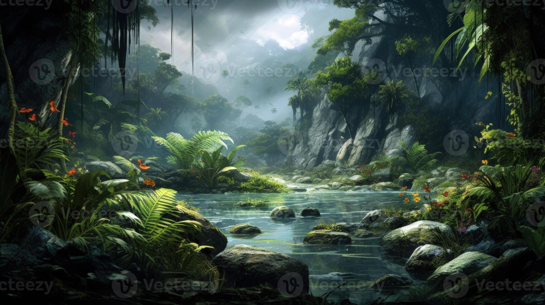 Lush green foliage and a tranquil stream surrounded by rocks in a mystical jungle setting. photo