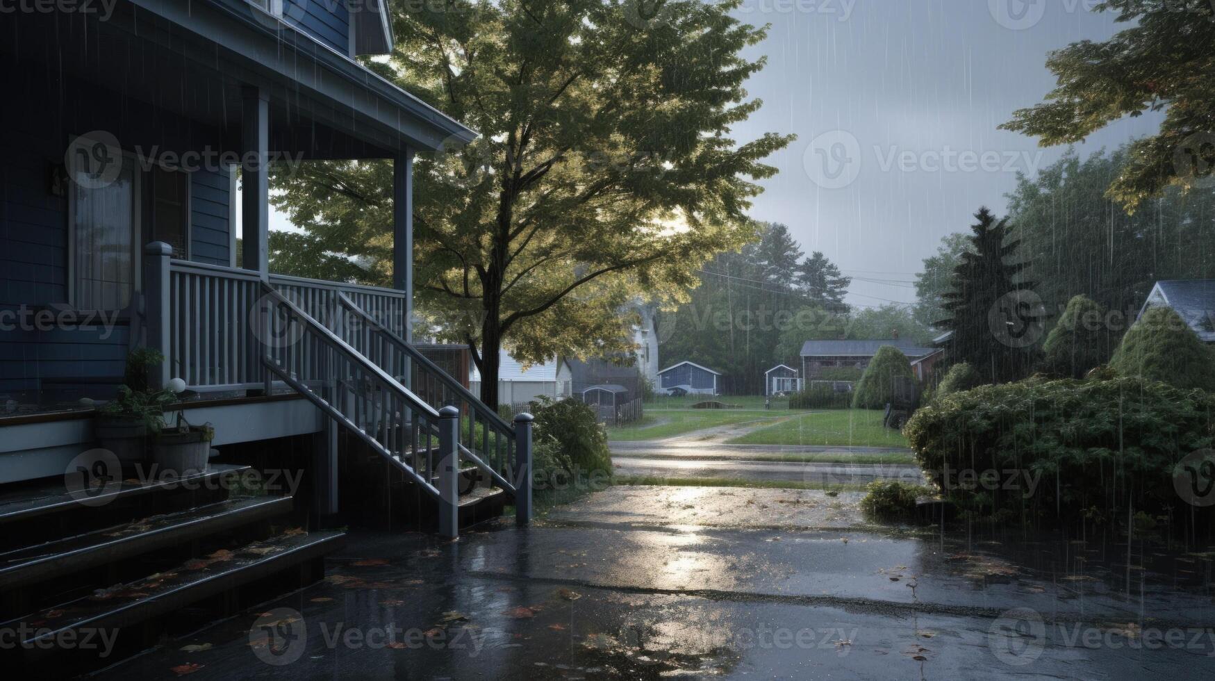 Front porch of a blue house with steps leading down to the wet pavement during a rain shower. photo