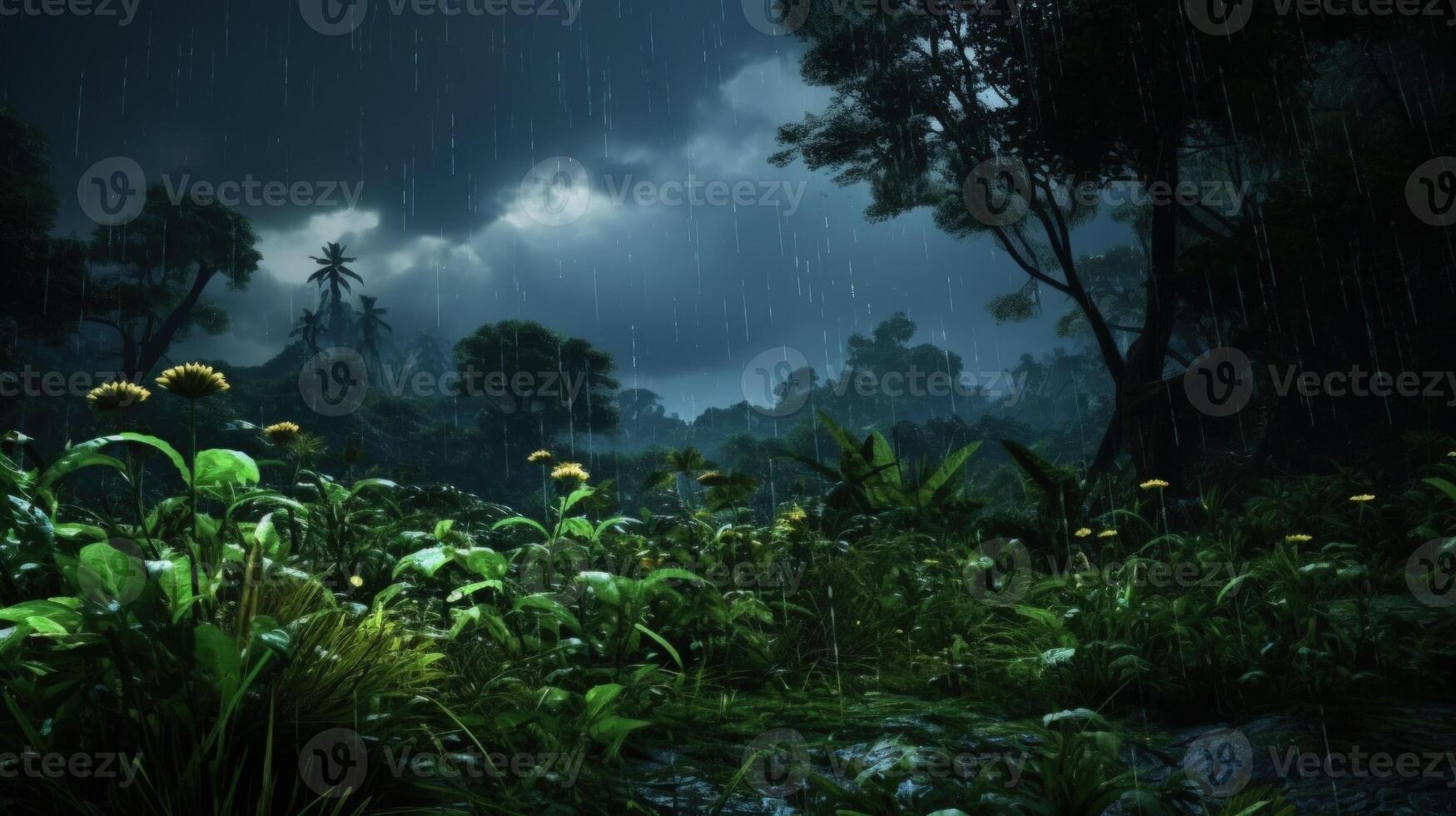 Rain falls on a jungle floor, with flowers and leaves illuminated by the light of the sky. photo