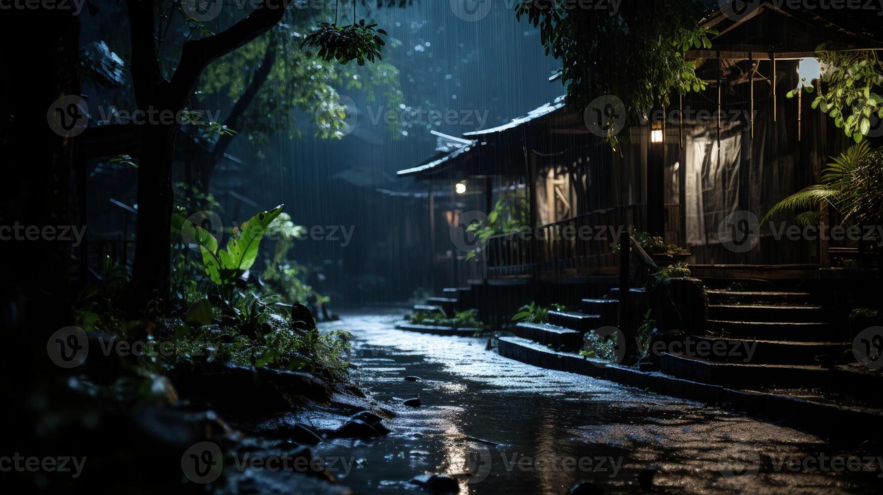 Raining on a dark street in a tropical village at night. The street is wet with water reflecting the streetlights. photo
