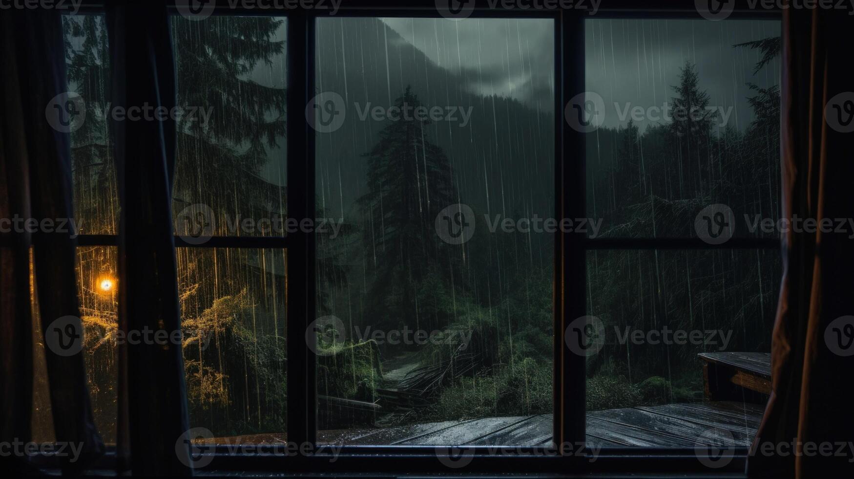 Rainy Night View from Window with Dark Forest and Porch. photo