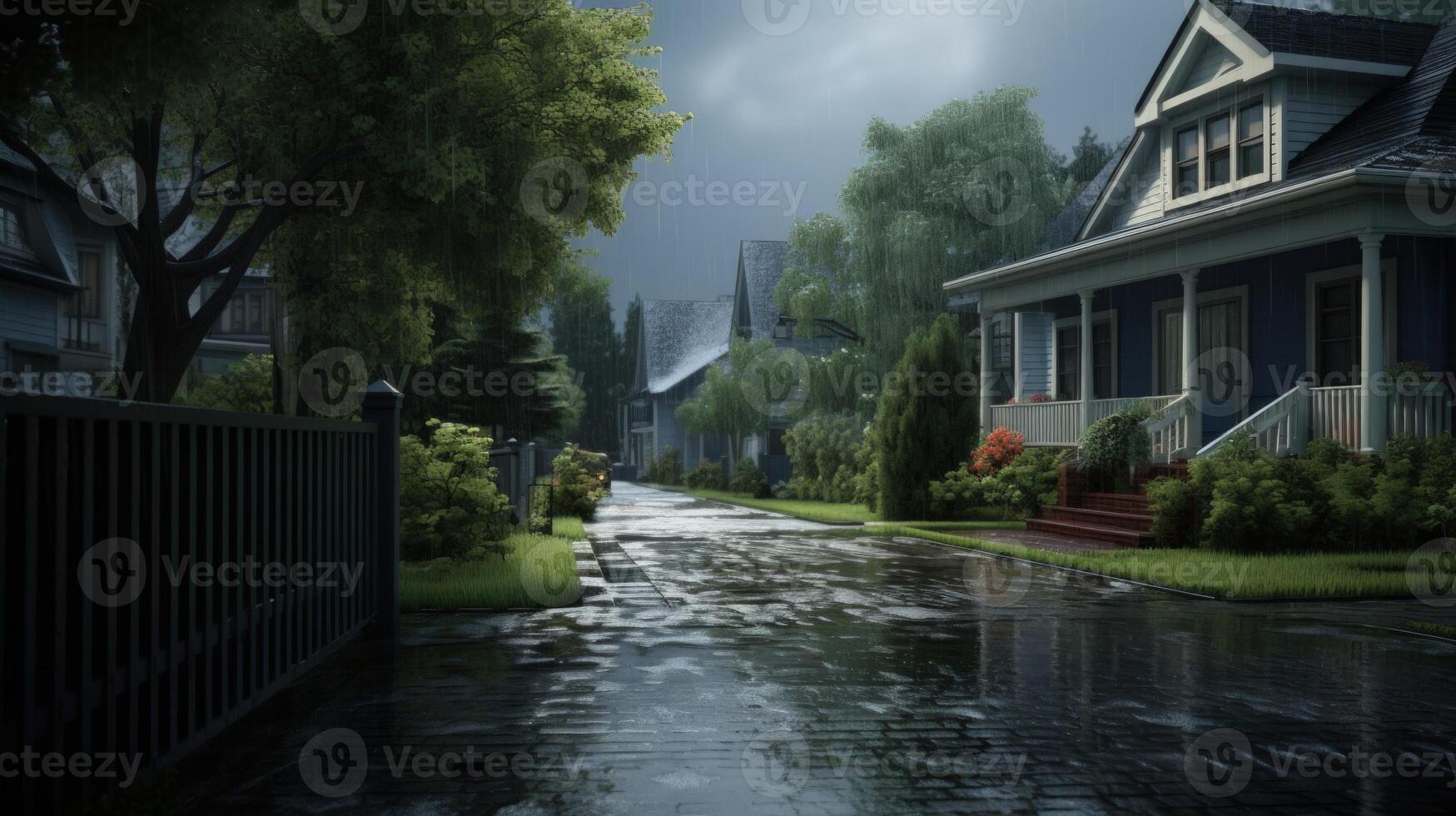 Rainy day on a quiet street in a suburban neighborhood.  The street is wet and the houses are surrounded by lush greenery. photo
