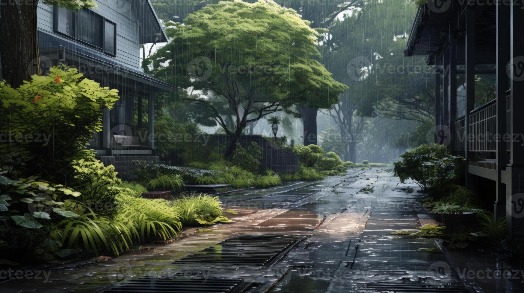 Rainy day on a quiet street with lush greenery and a modern building with a porch. photo