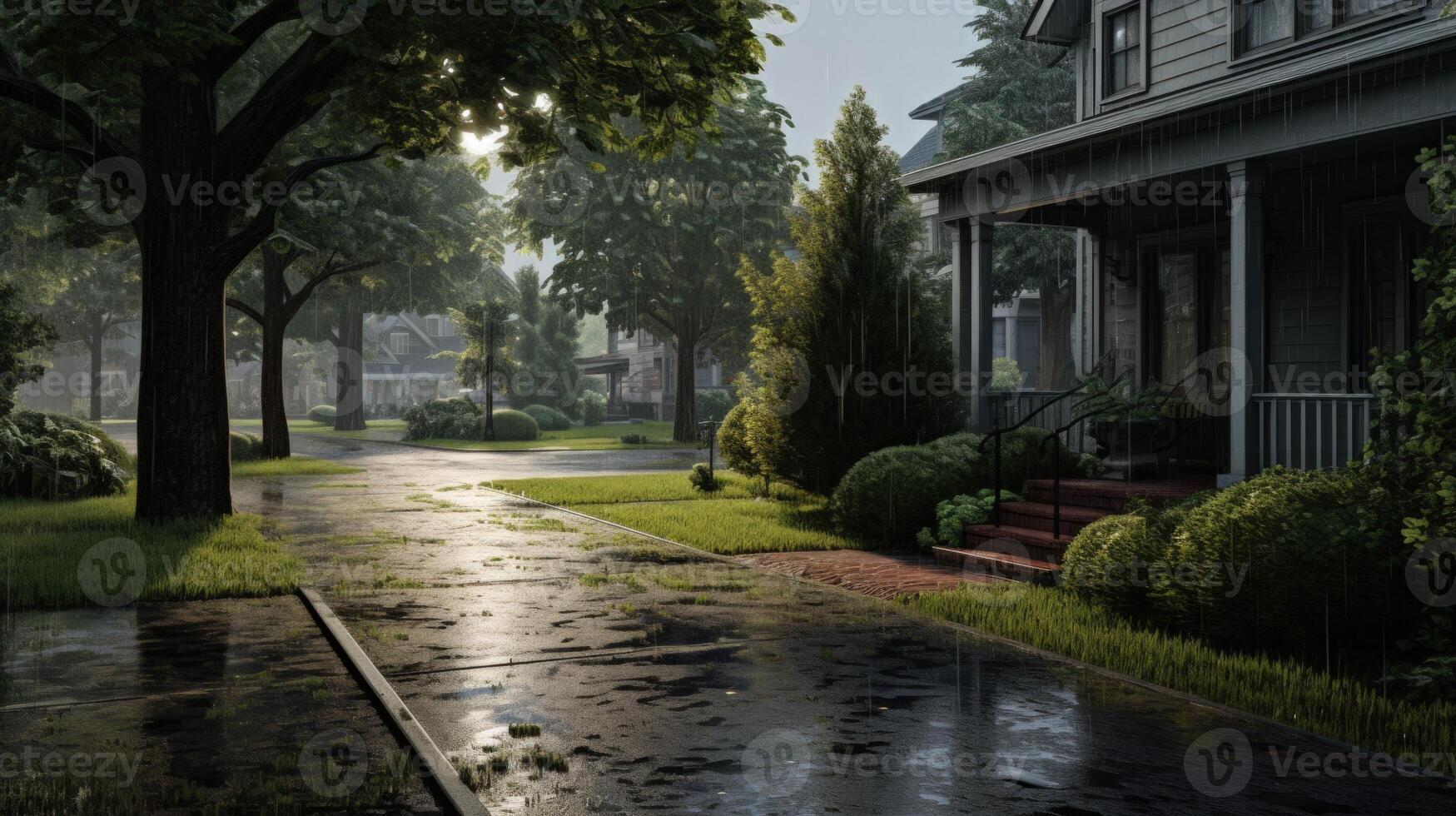 Rainy day on a quiet suburban street with houses and trees. photo