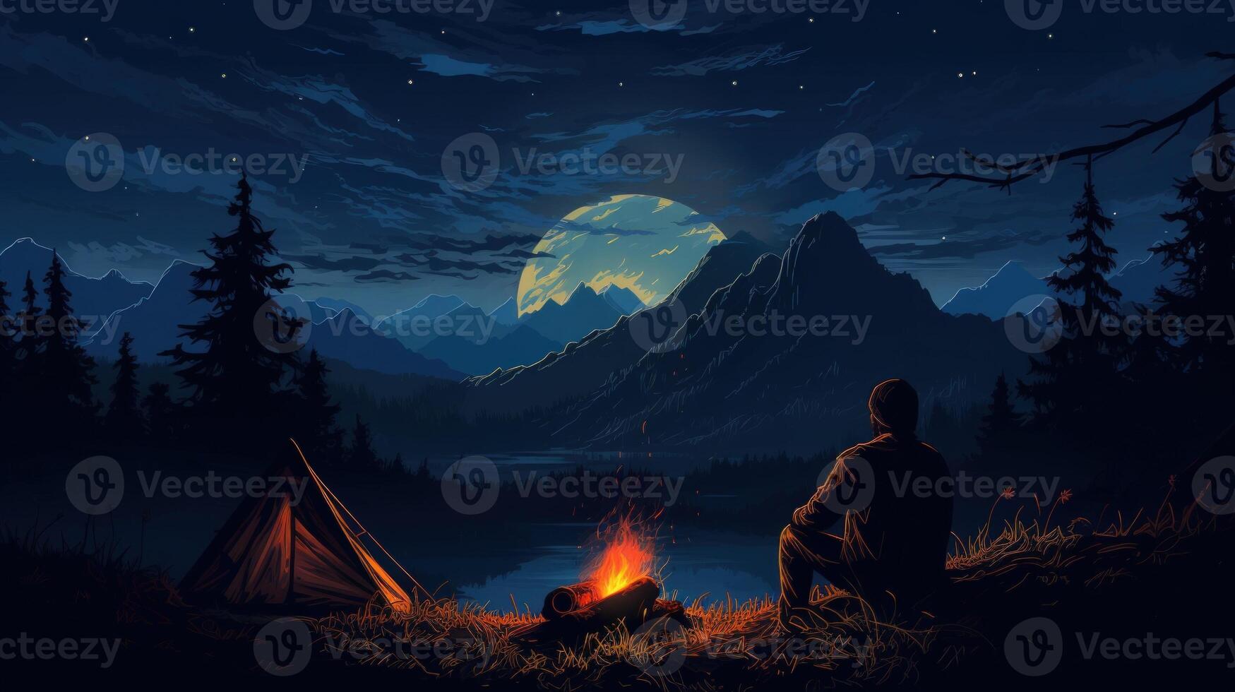 Silhouette of a man sitting by a campfire under a full moon, with a tent and mountains in the background. photo