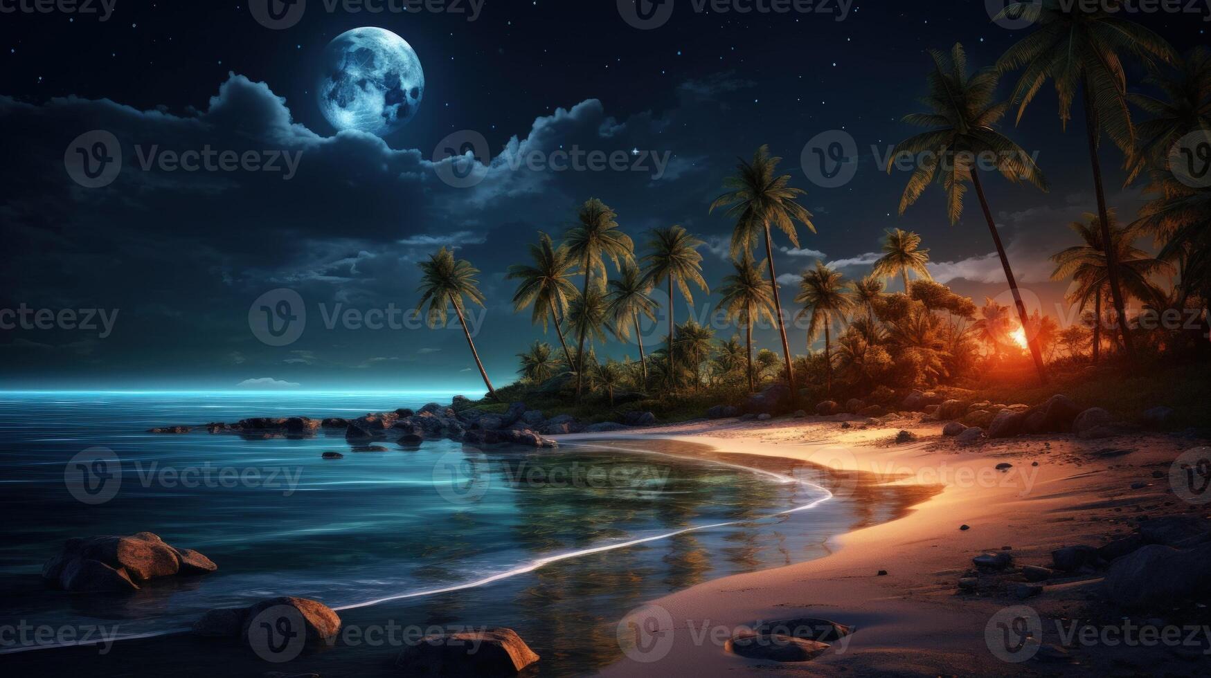 Serene Nighttime Beach Scene with Palm Trees, Full Moon, and Starry Sky. photo