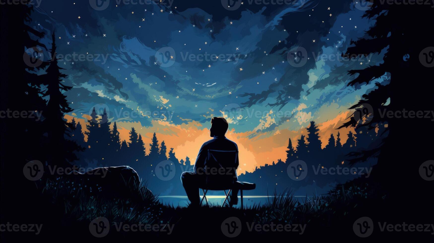 Silhouette of a man sitting on a chair looking up at the stars and clouds in the night sky. photo
