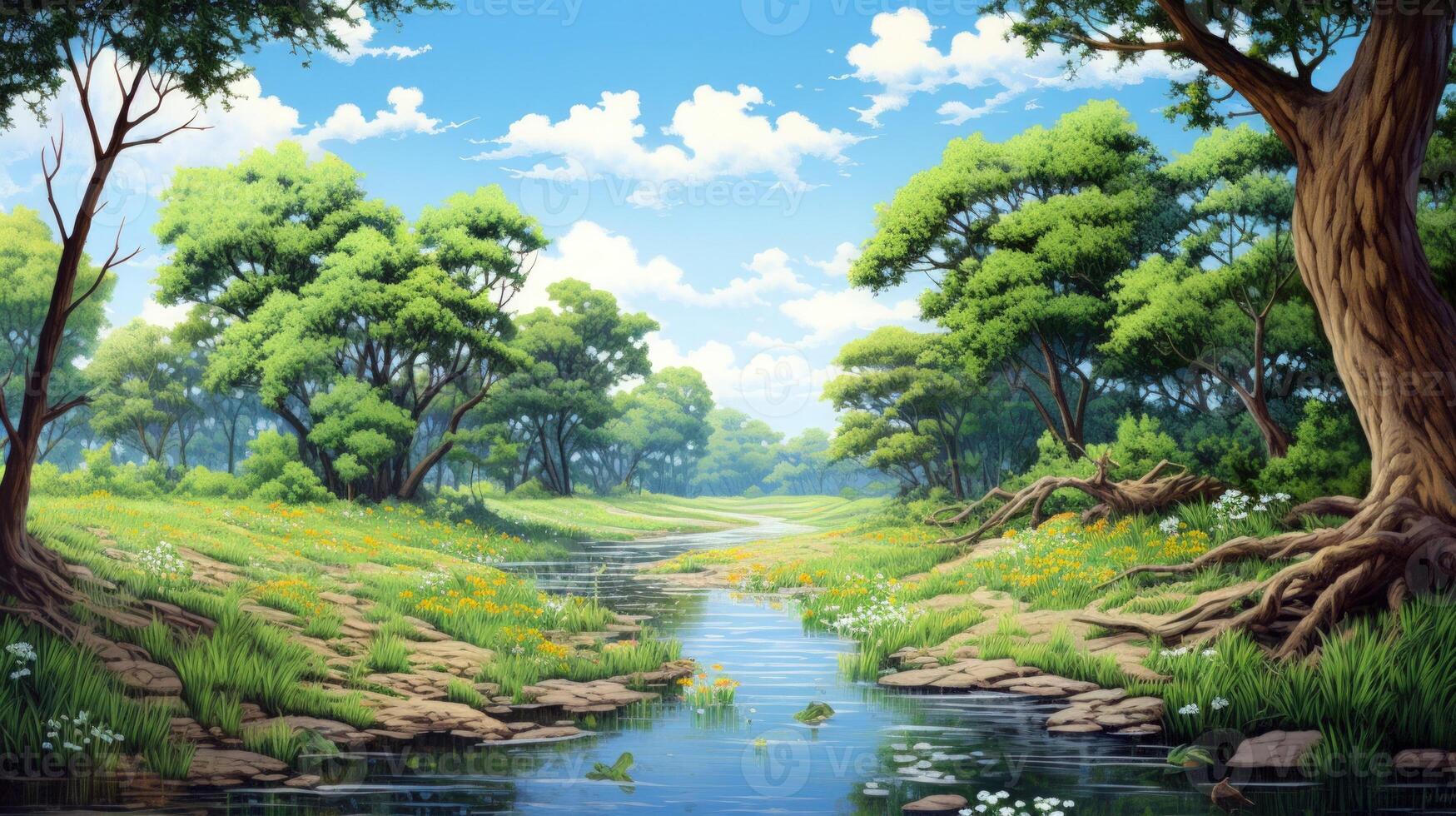 Serene forest stream flows through lush green trees and flowers under a blue sky with white clouds. photo